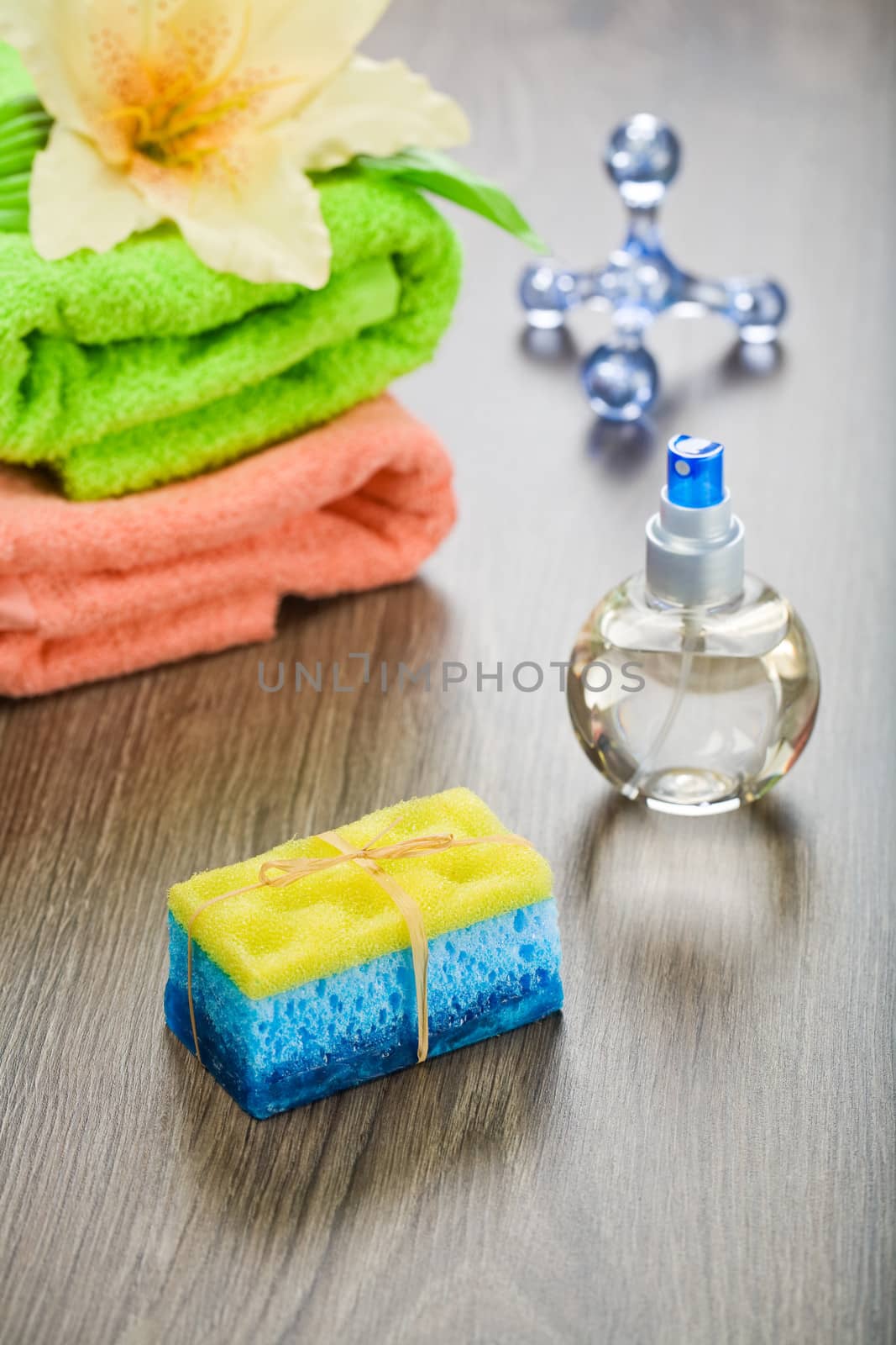 big collection for taking bath on wooden background