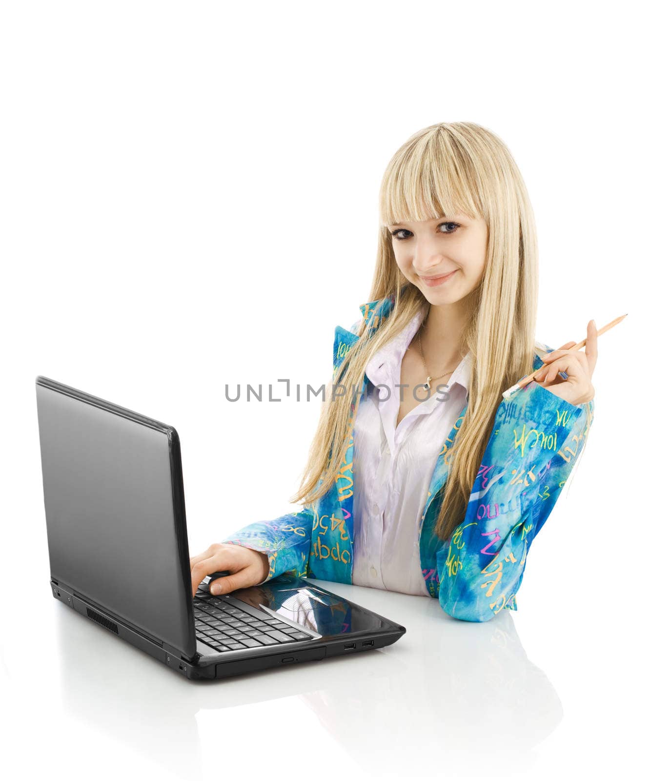 blonde young girl with laptop by mihalec