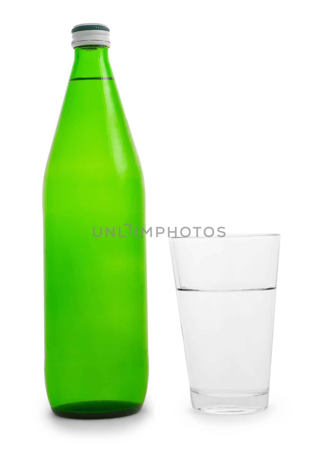 green bottle and glass of water by mihalec