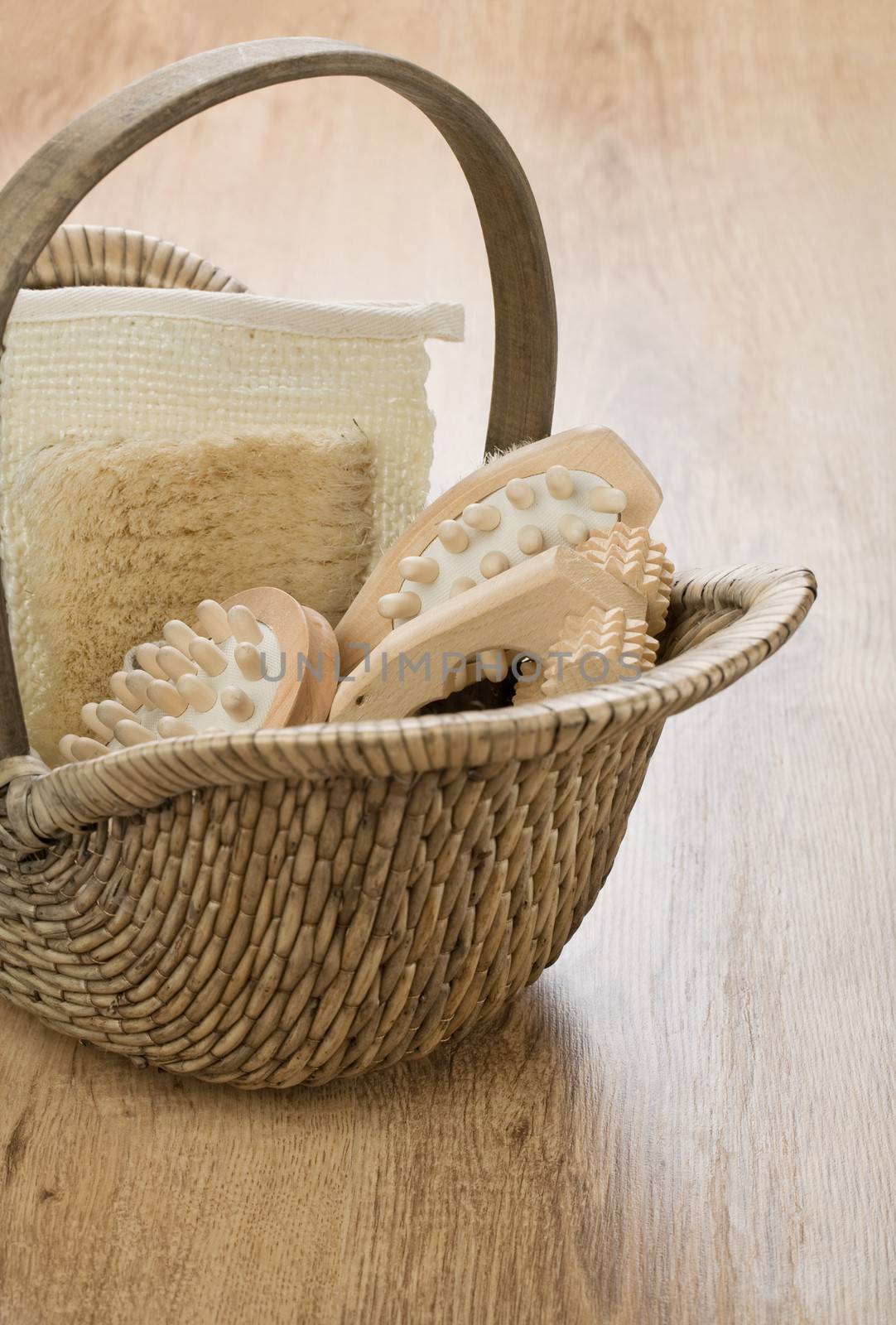 one basket on wooden background