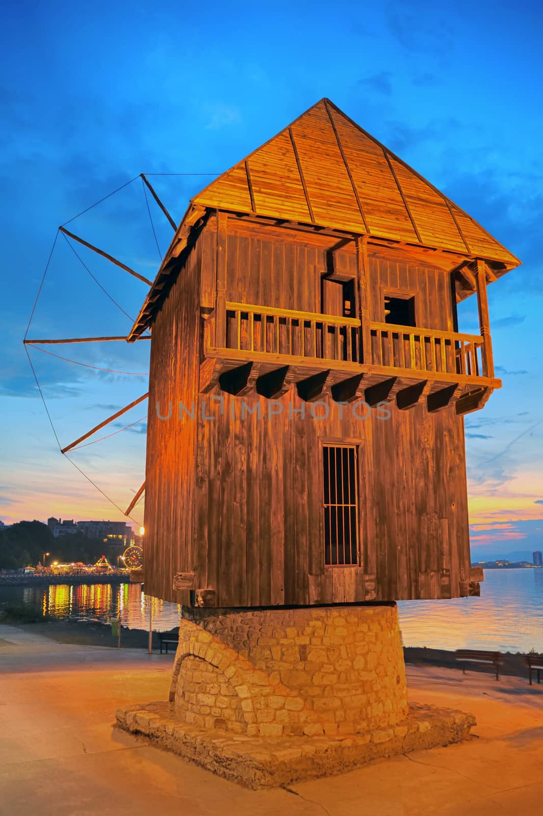 old mill nessebar at sunset 