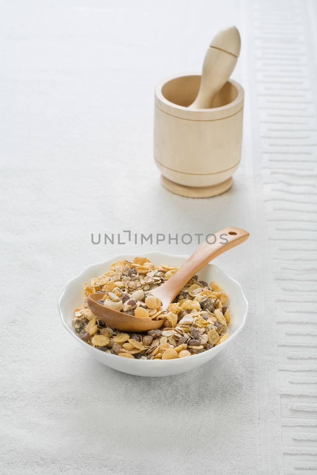 bowl with cereals and mortar