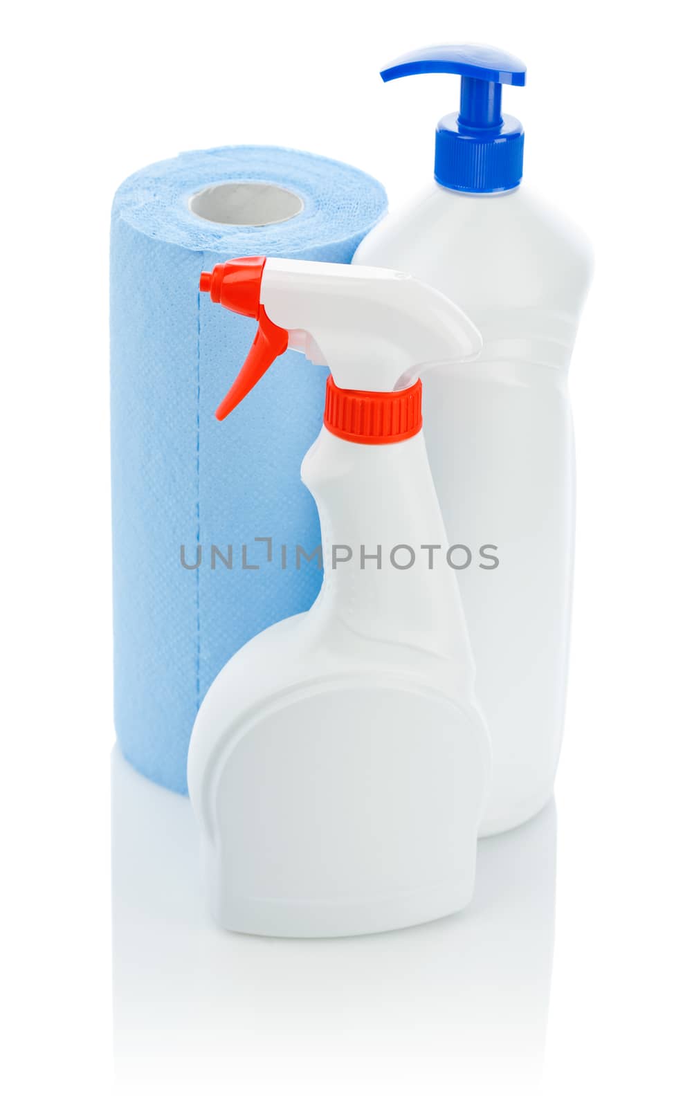 two white kitchen bottle with blue towel