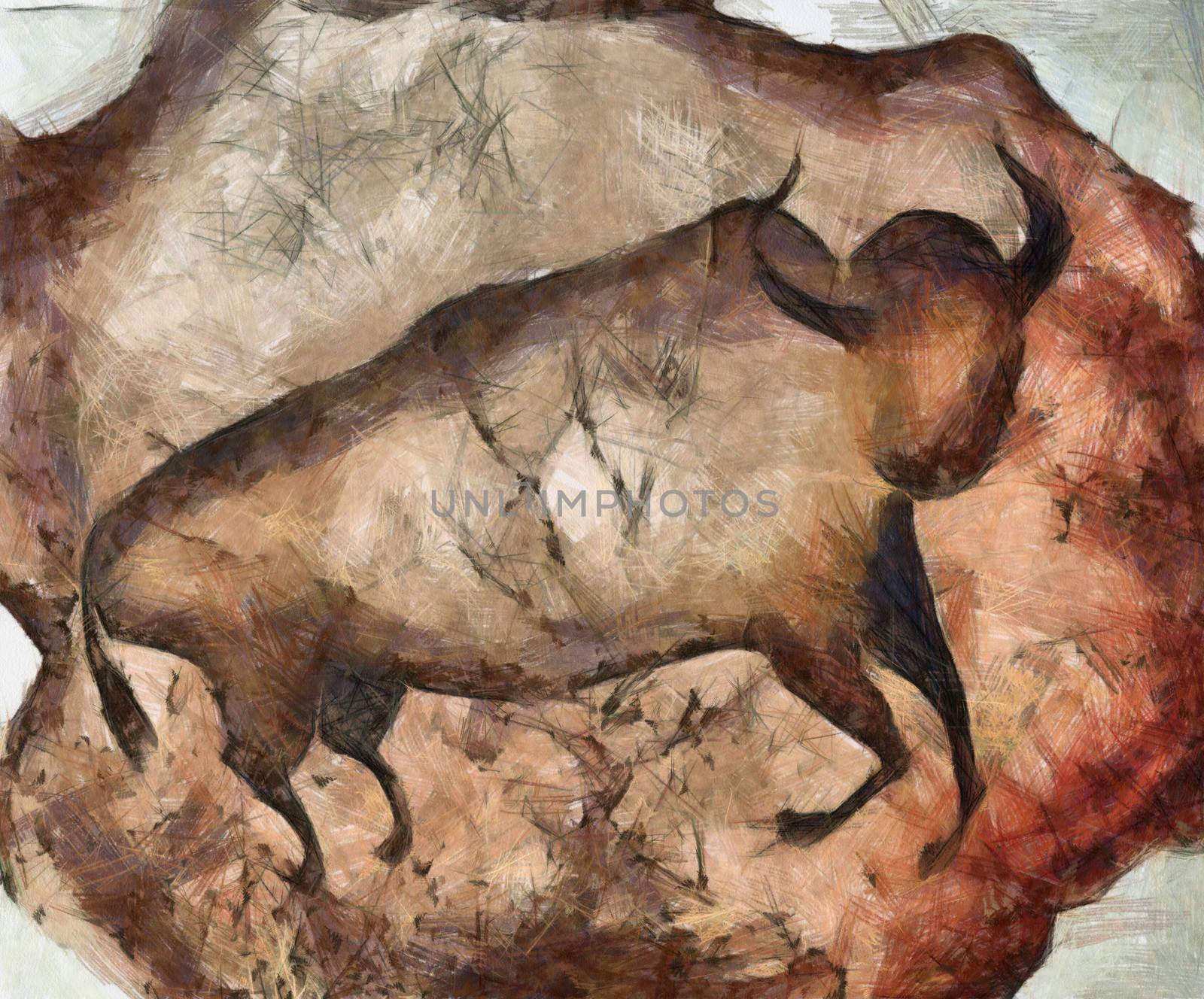 Painting of the bull like primeval cave paintings
