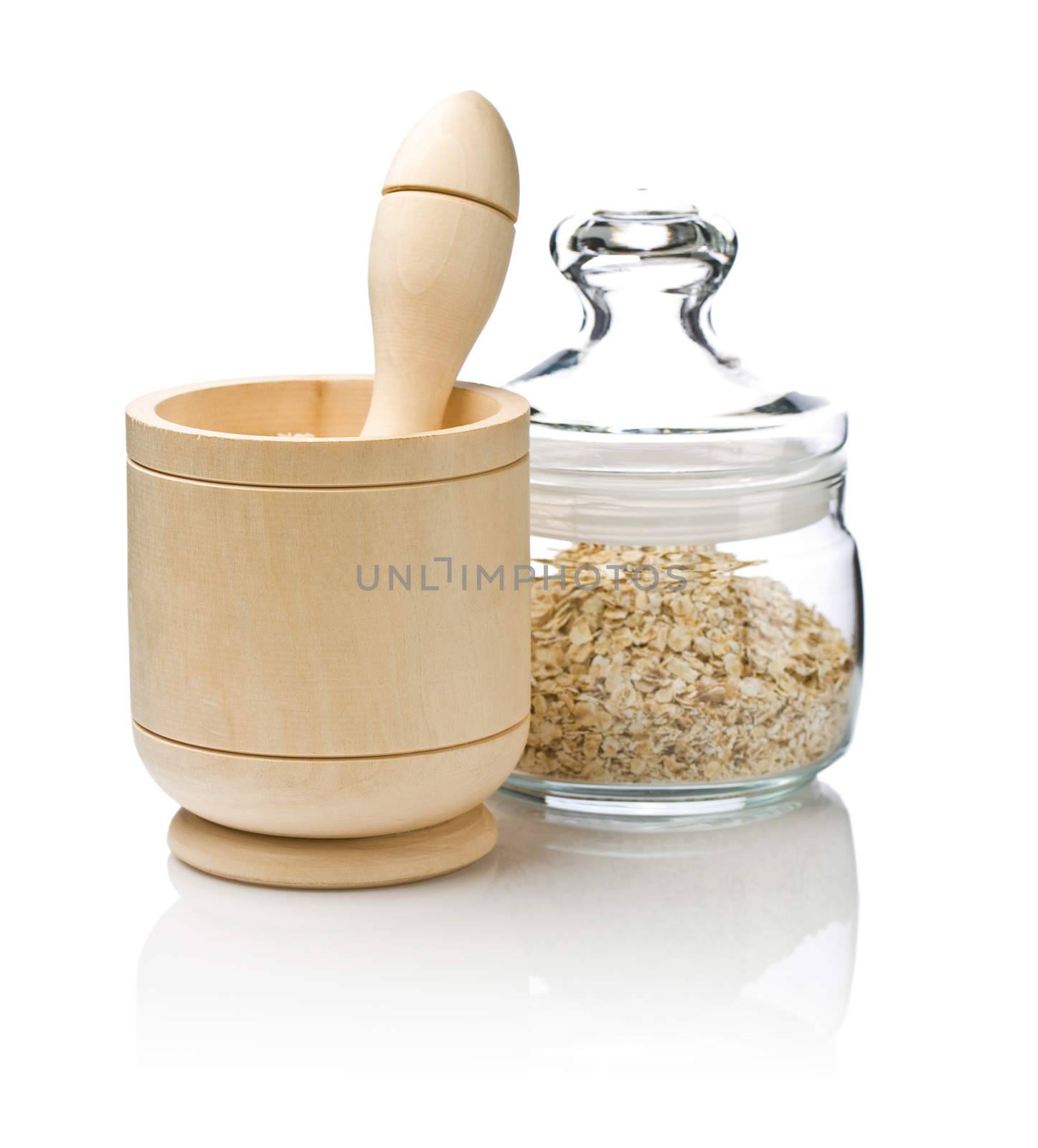 mortar with pestle and muesli