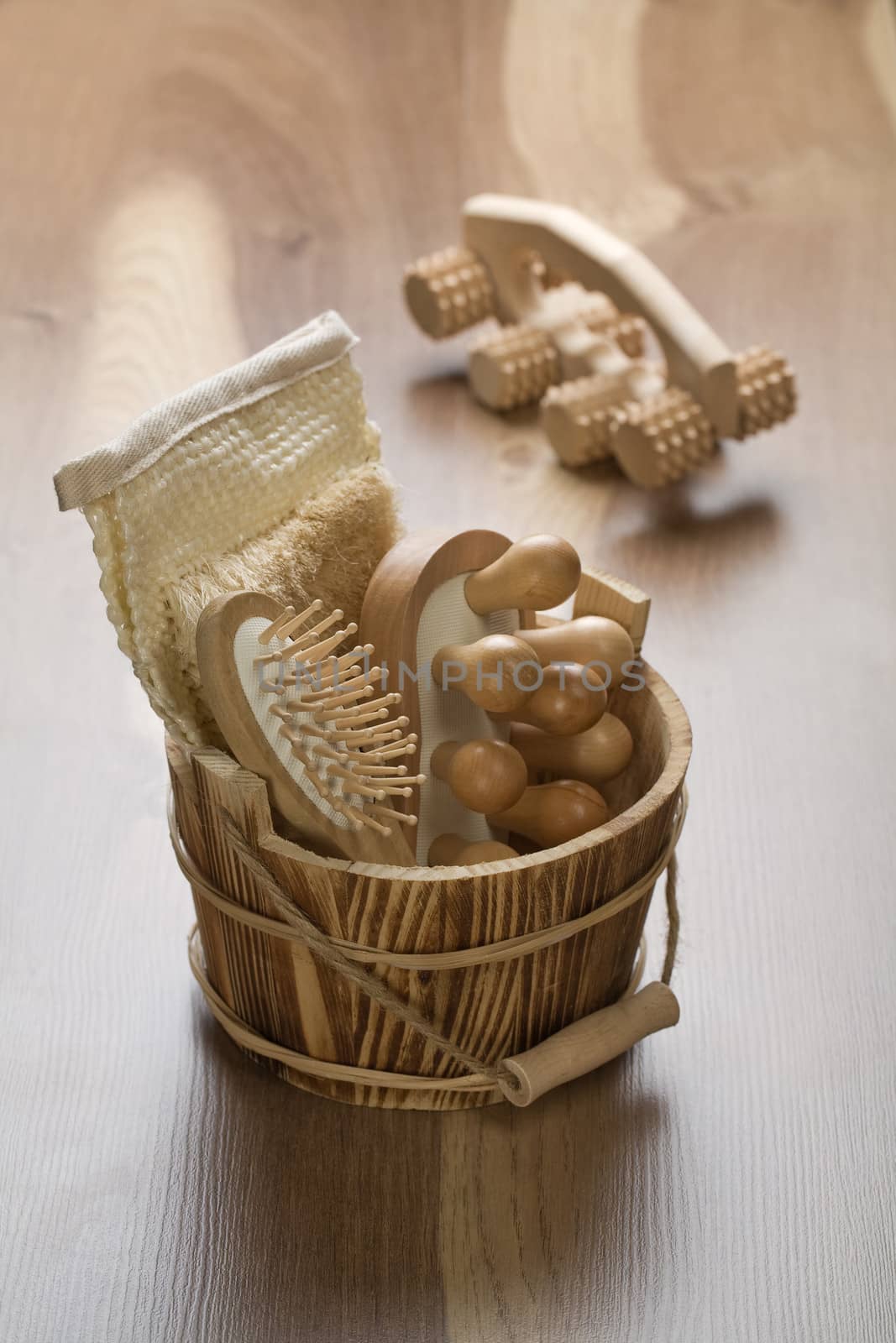 wooden bucket and massager