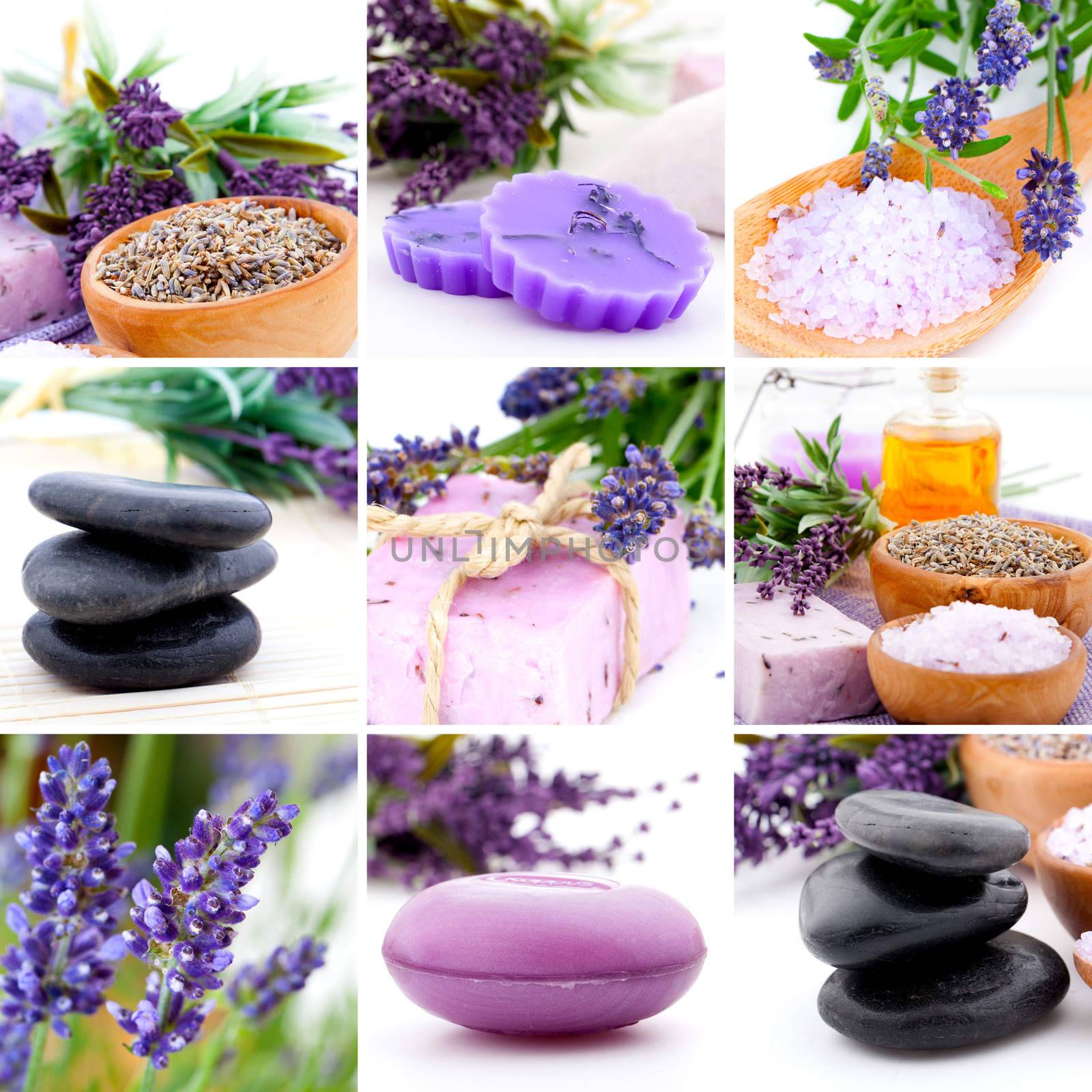 Lavender collage with nine photos, Spa stones