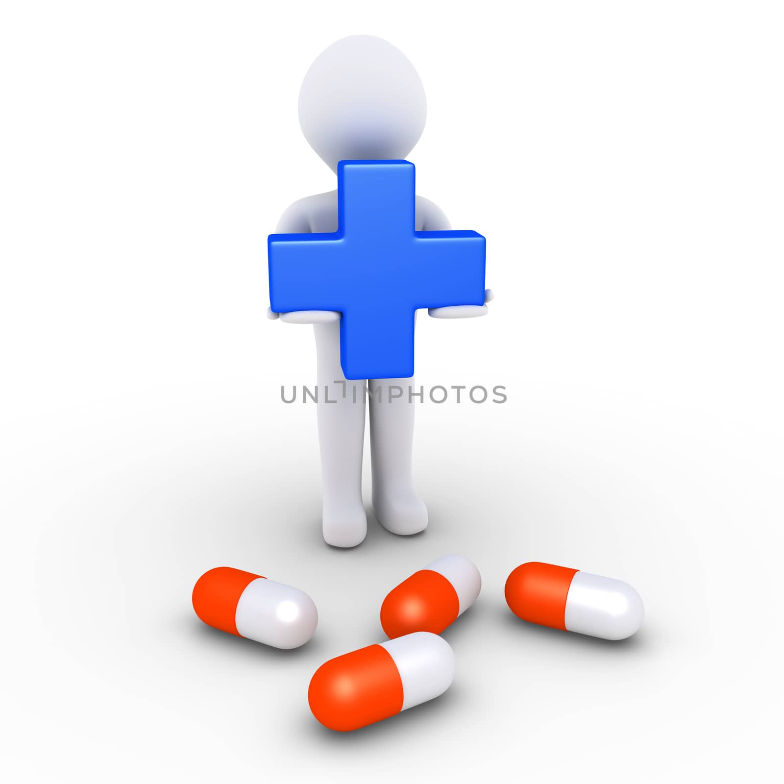 3d person with a cross and some pills on the ground