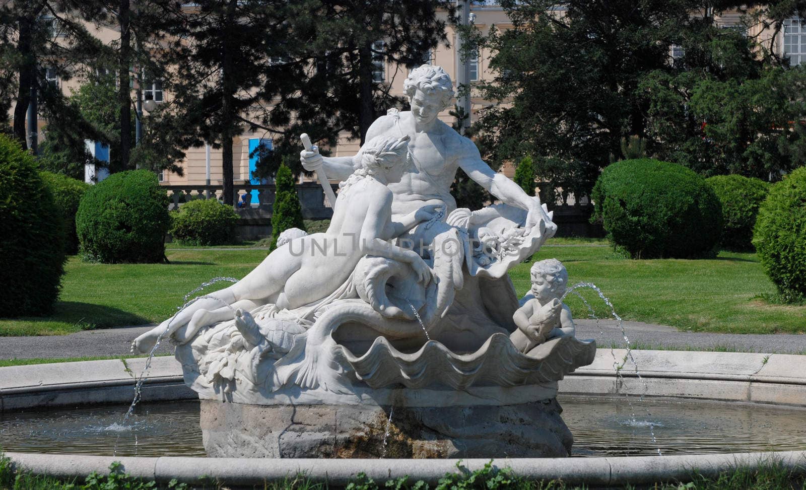 Fountain and sculpture in the Maria-Theresien Platz in Vienna, Austria