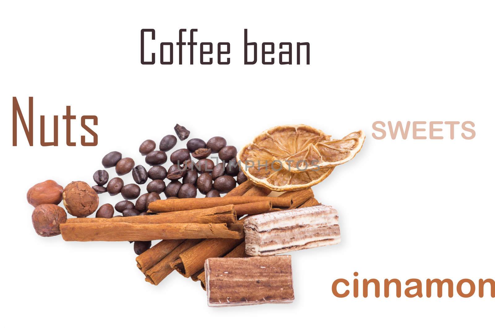 coffee beans, cinnamon and lemon isolated on white