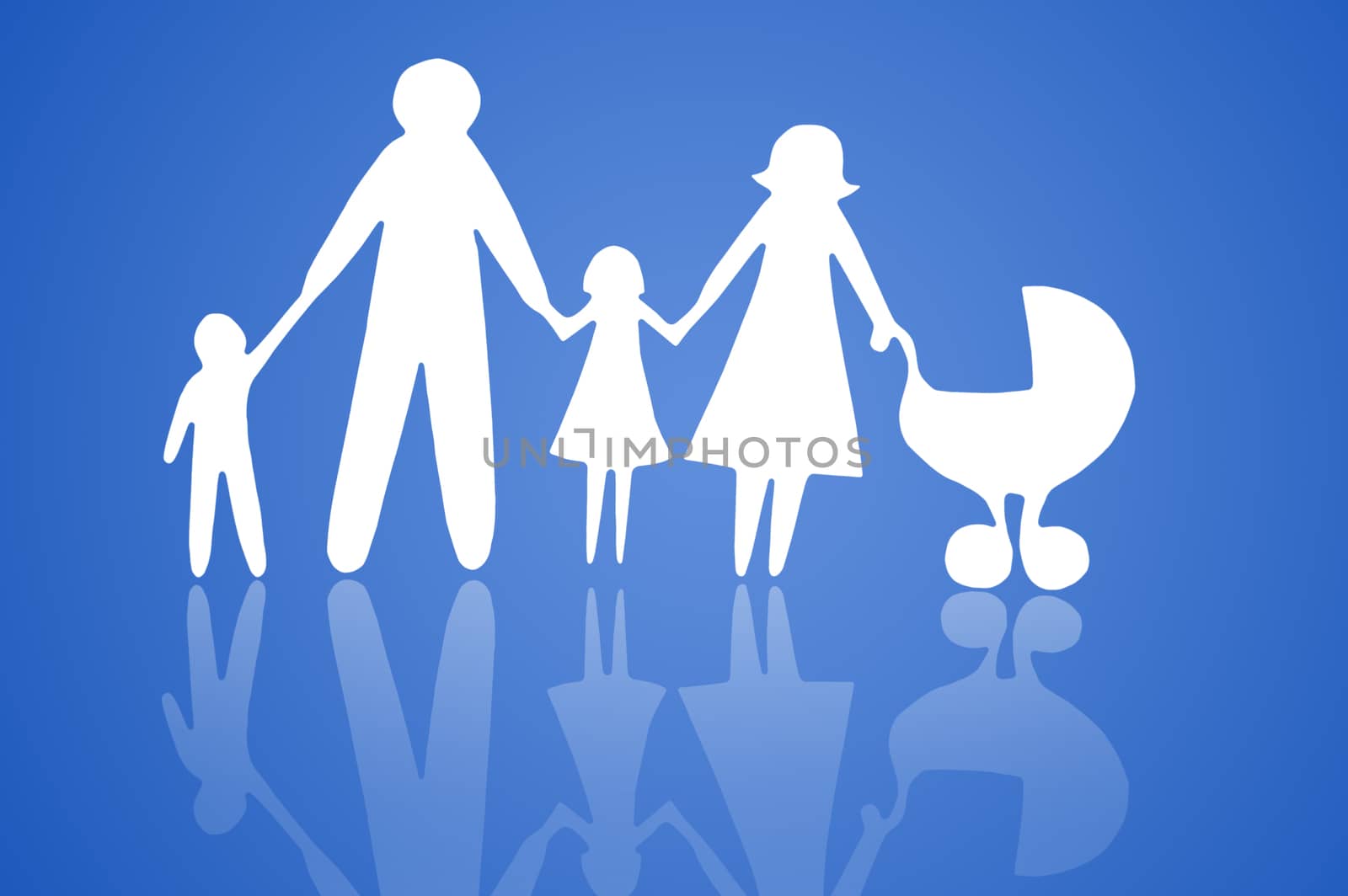 Closeup of paper family on blue background