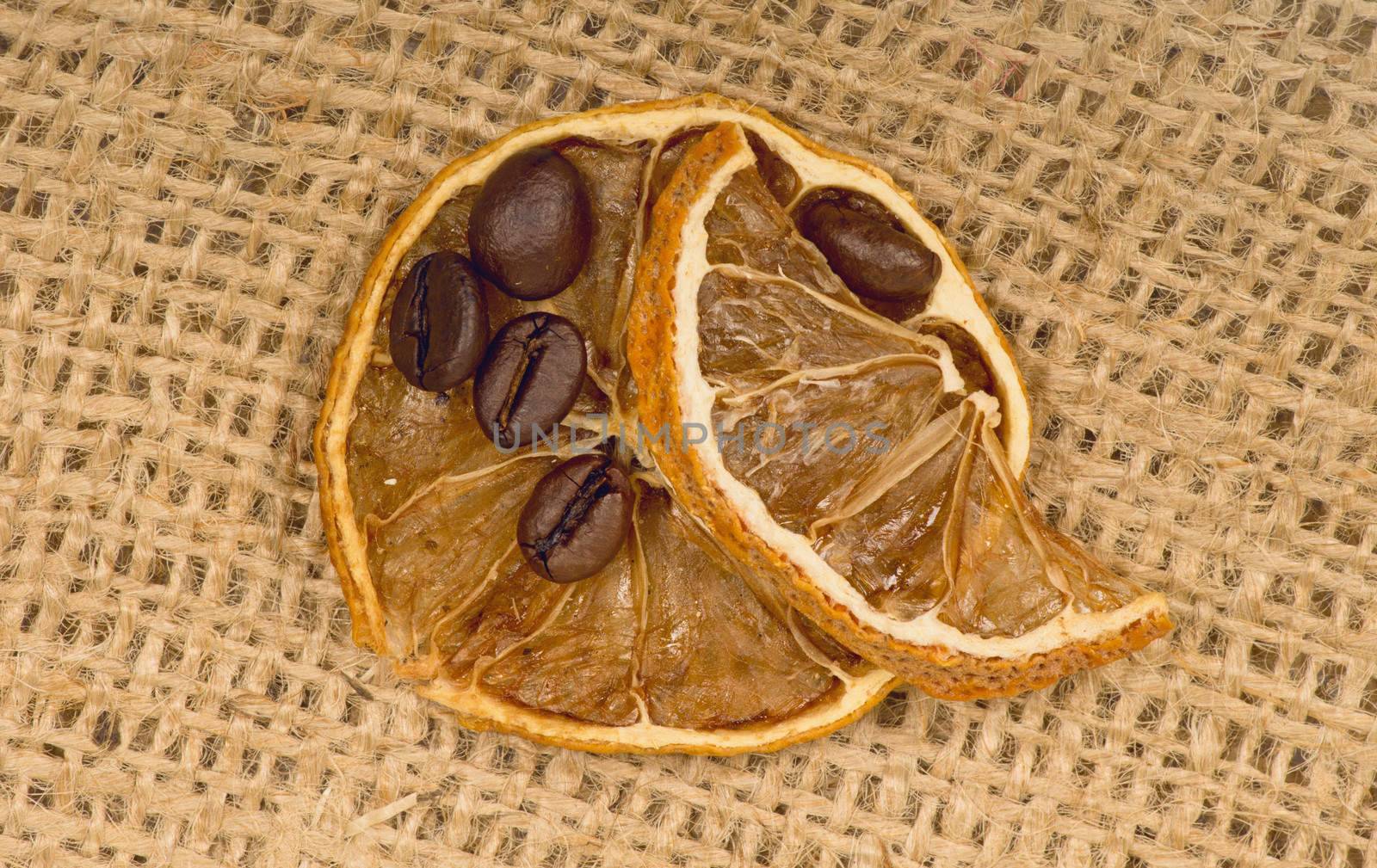 lemons and coffee beans on burlap