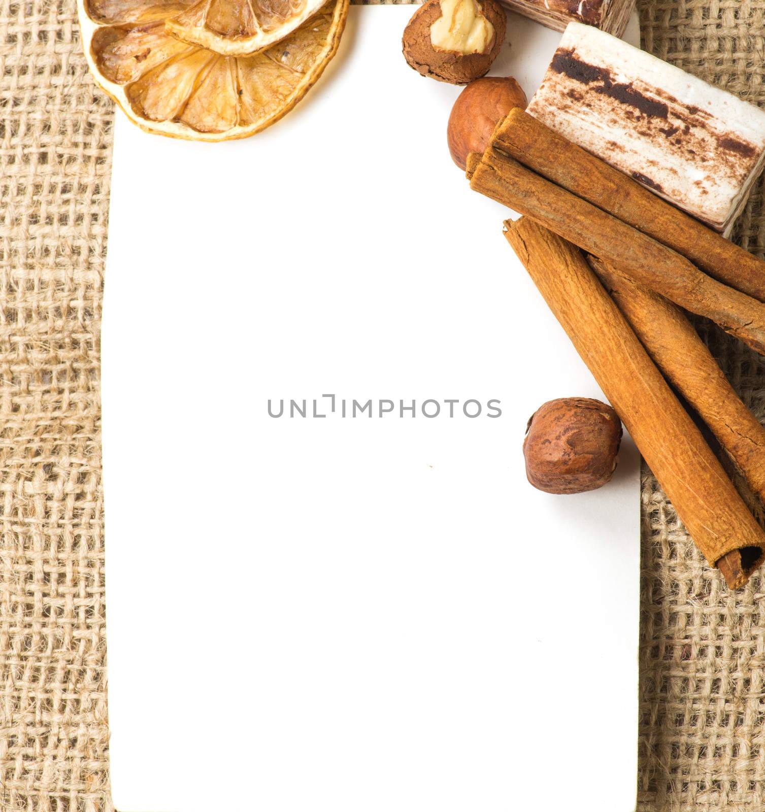 Menu Design.Old paper, coffee bean, cinnamon, lemon, burlap.