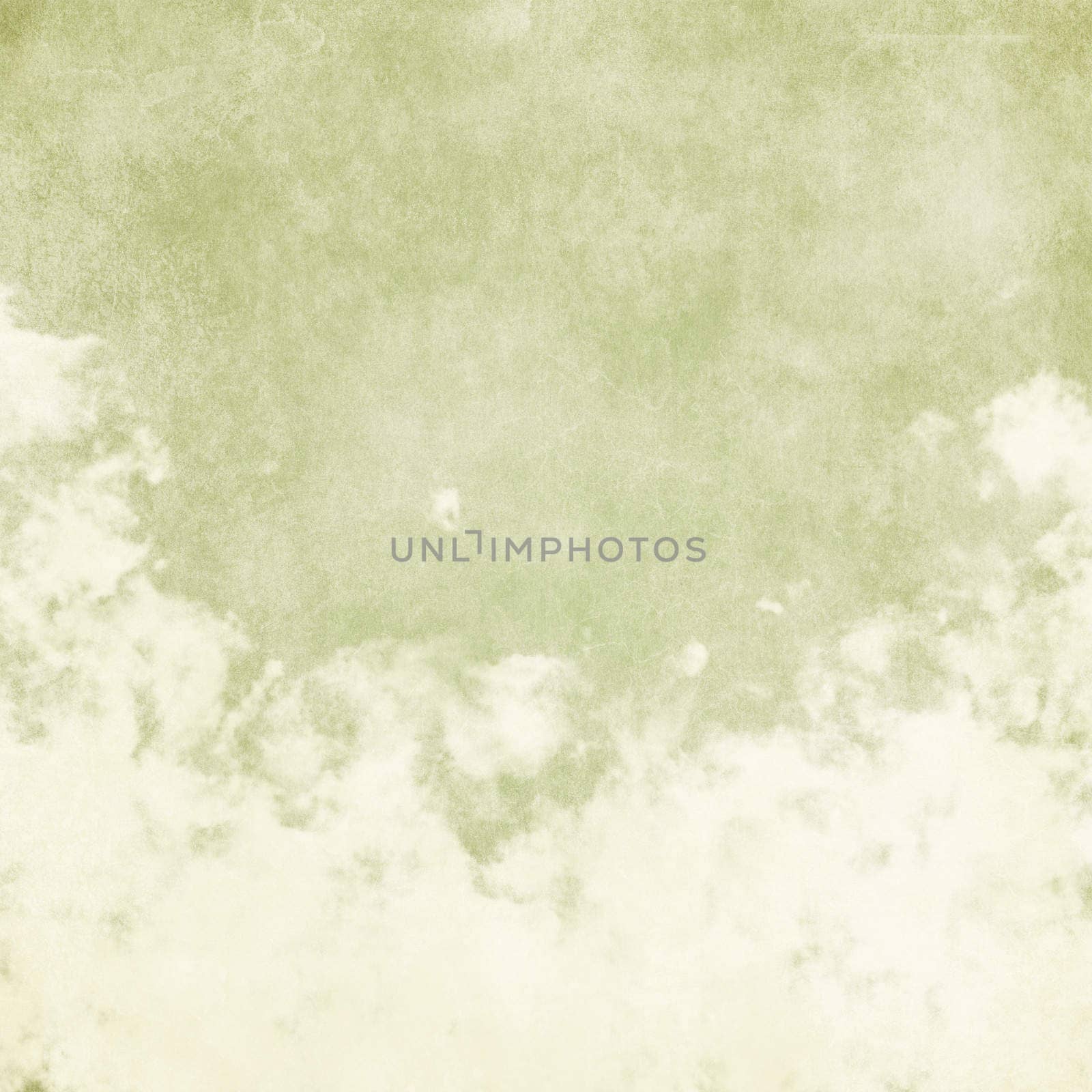 Sky, fog, and clouds on a textured, vintage paper background with grunge stains