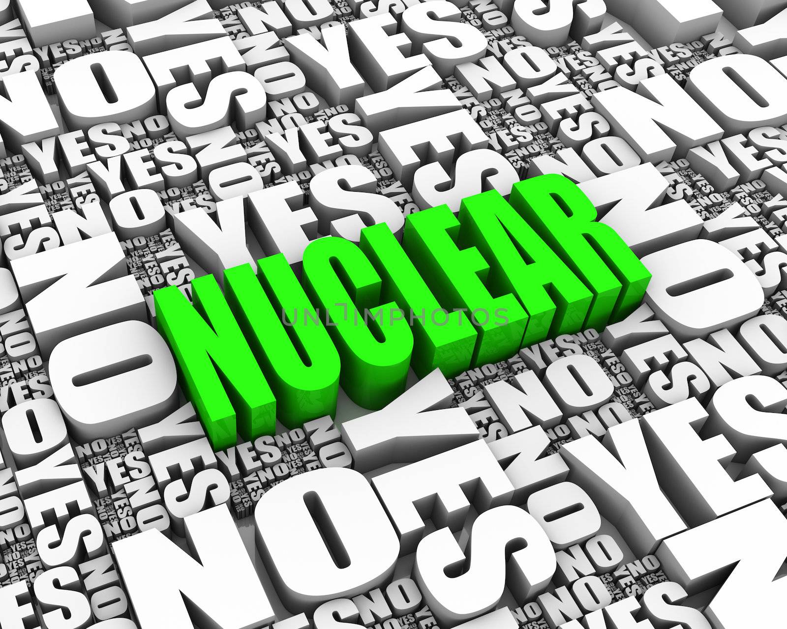 NUCLEAR 3D text surrounded by YES and NO words. Part of a series.