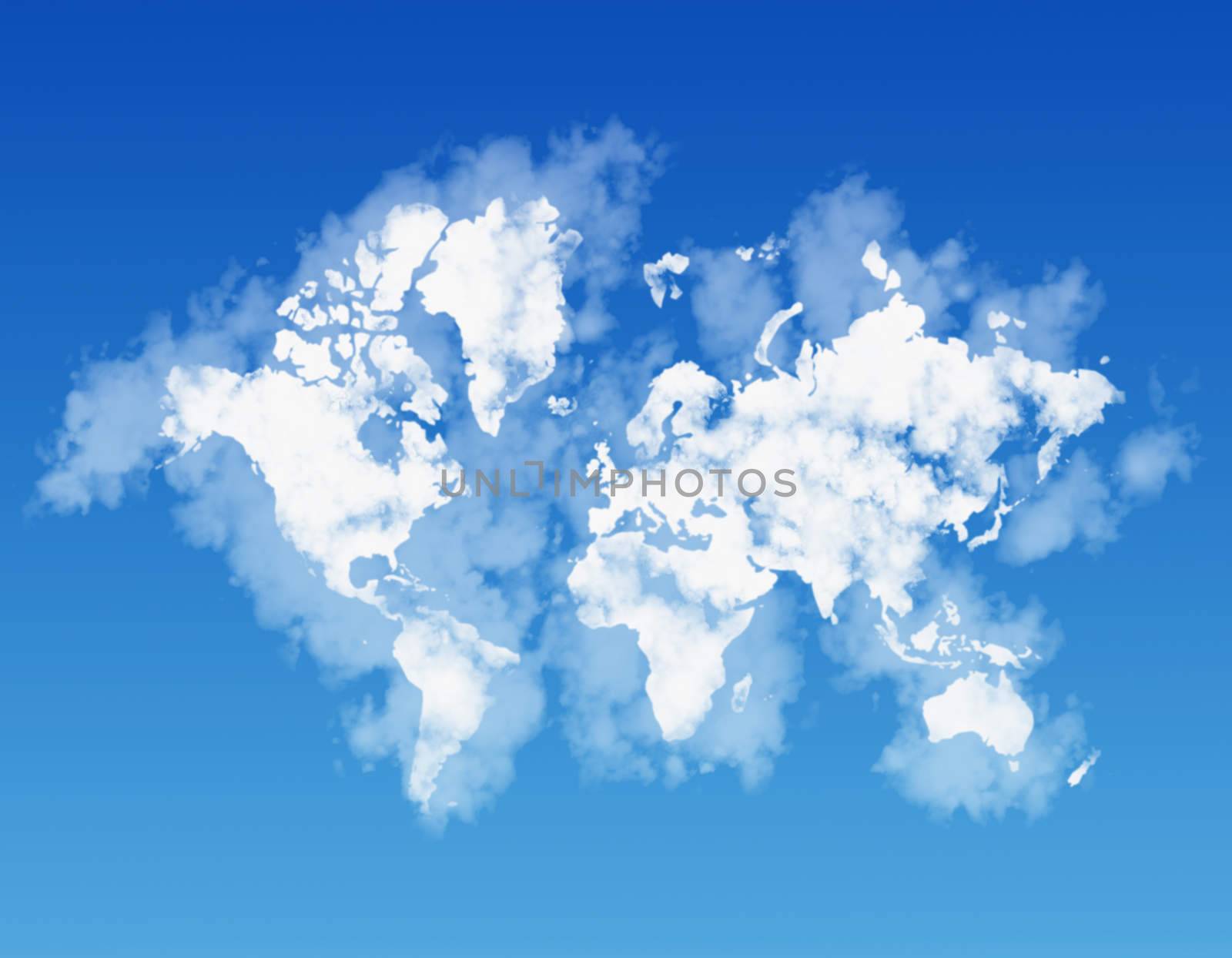 world map shaped by clouds