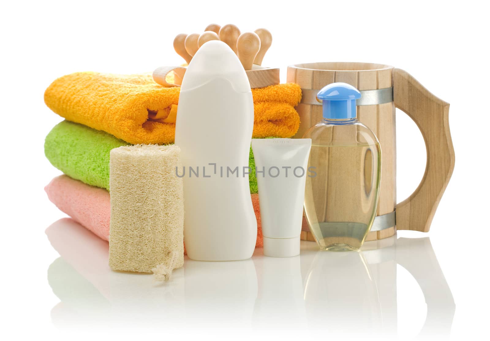 big collection of bathing accessories