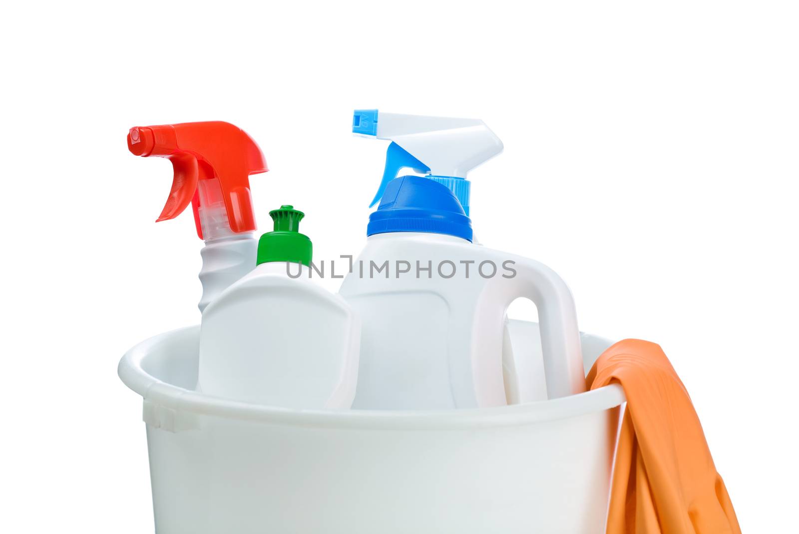 bottles for cleaning in white plastical bucket