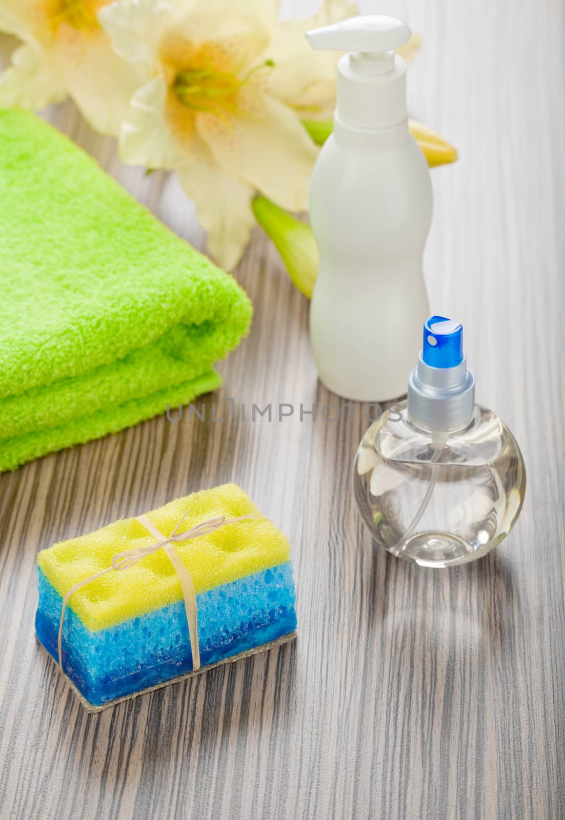 collection of bath articles with flower