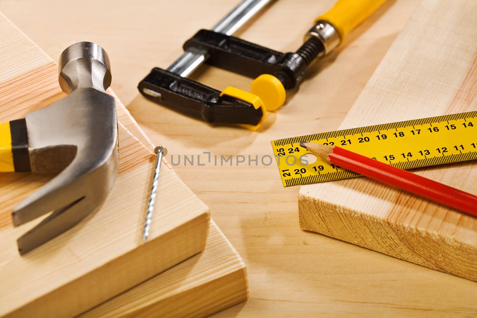 composition of tools on wooden table