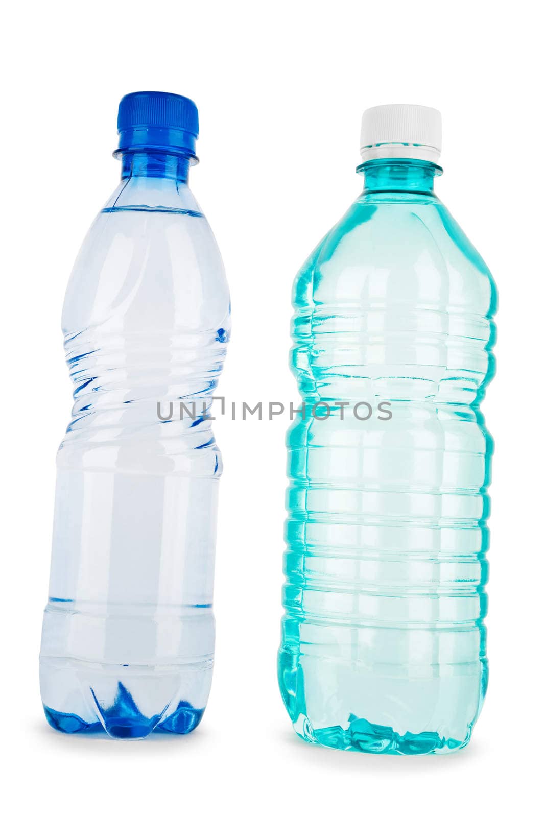 blue and turquiose bottle with water isolated on a white background