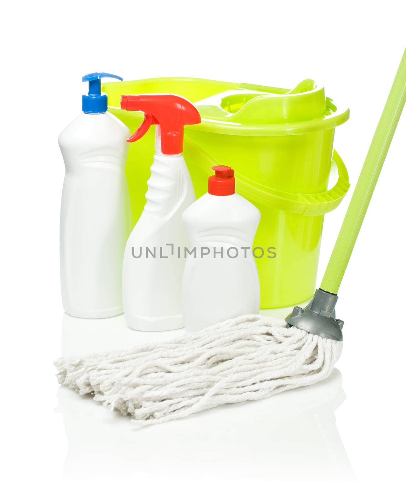 bottles on a background of the bucket and mop