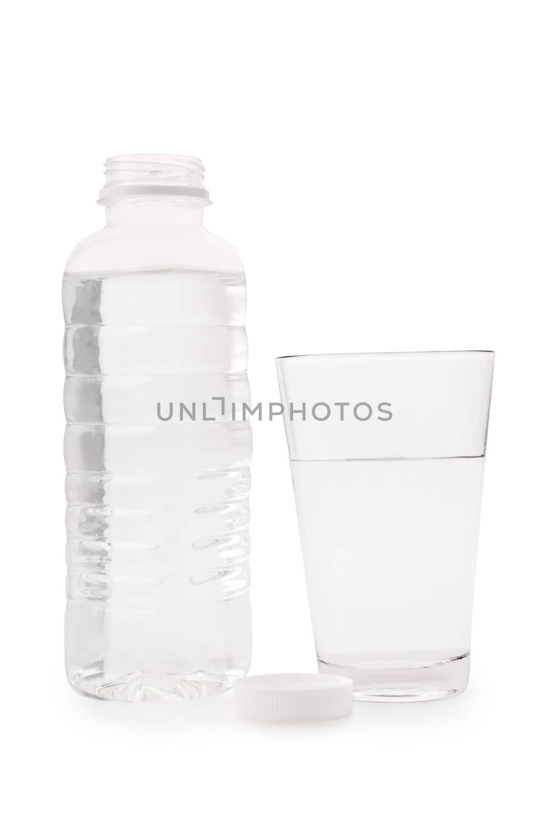 Composition from a transparent plastic bottle and a glass glass with water