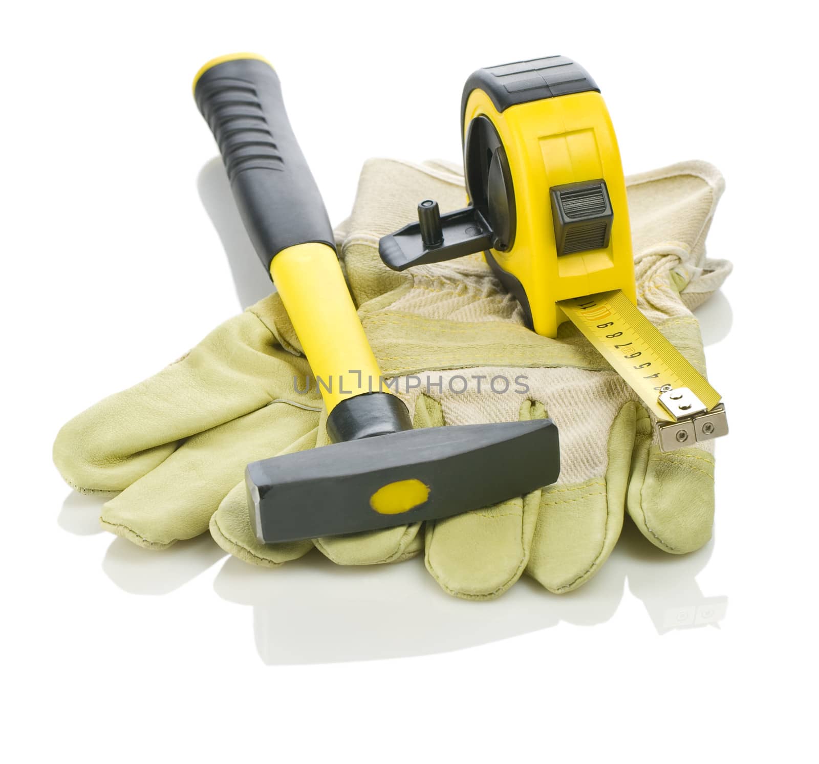 gloves with hammer and measuring tape