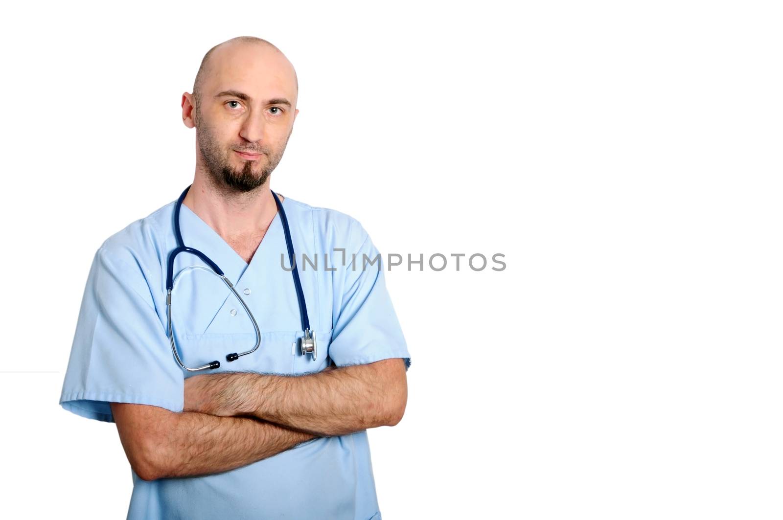 doctor with blue robe over white background smile 