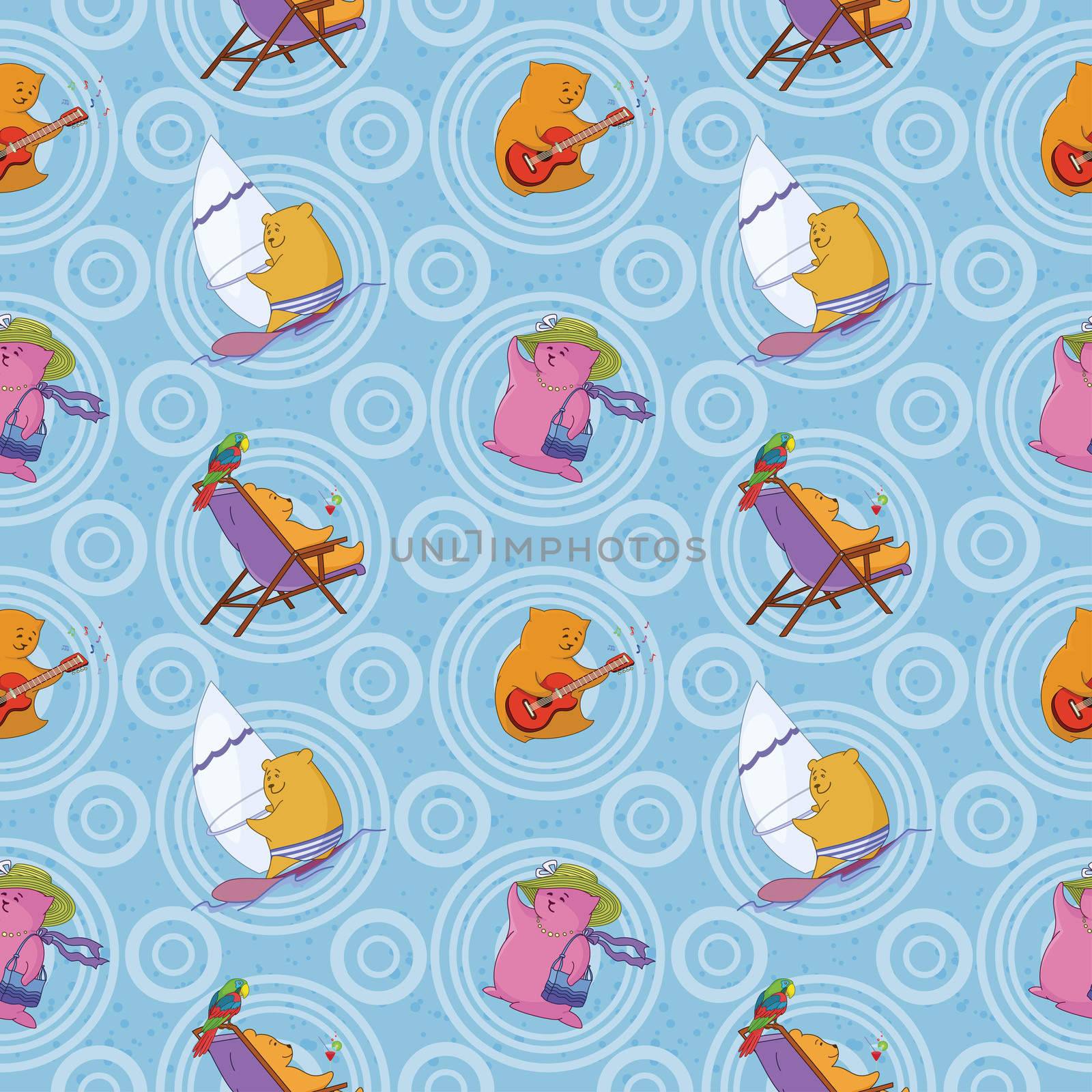 Seamless background, cartoon toy animals and abstract pattern.