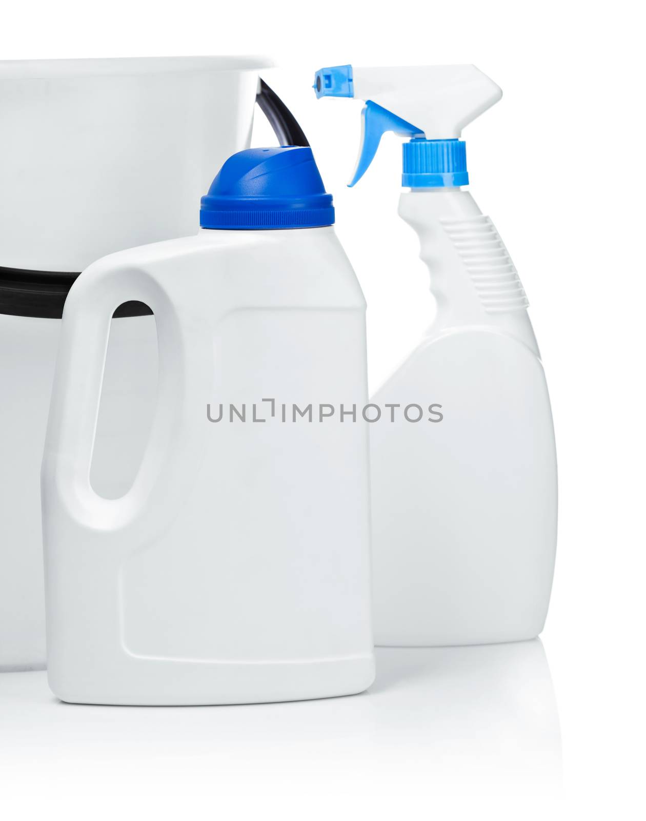 bottles on a background of white bucket