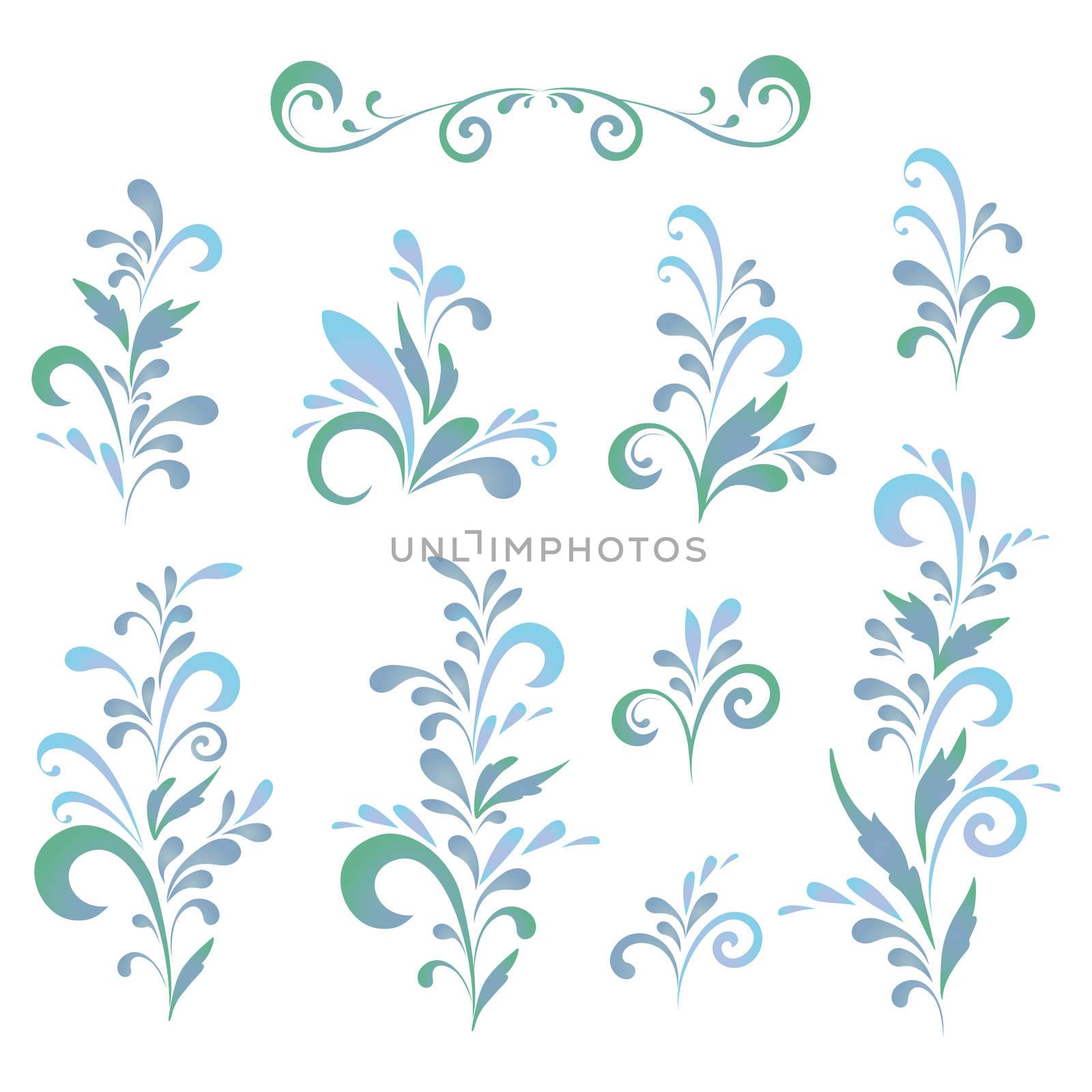Set abstract floral patterns, green and blue silhouettes on white background.