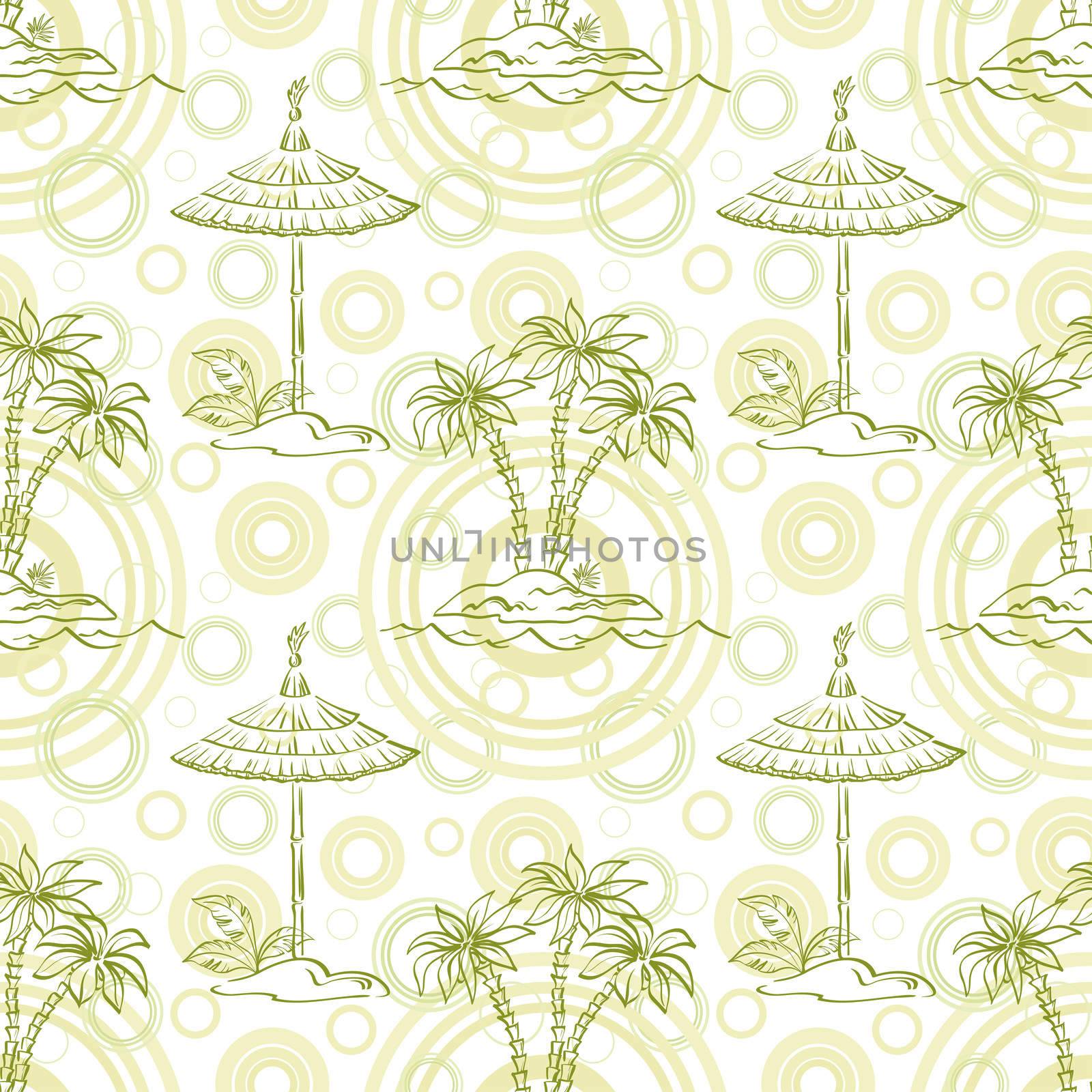 Seamless pattern. Sea island with palm trees and canopy, green contours.