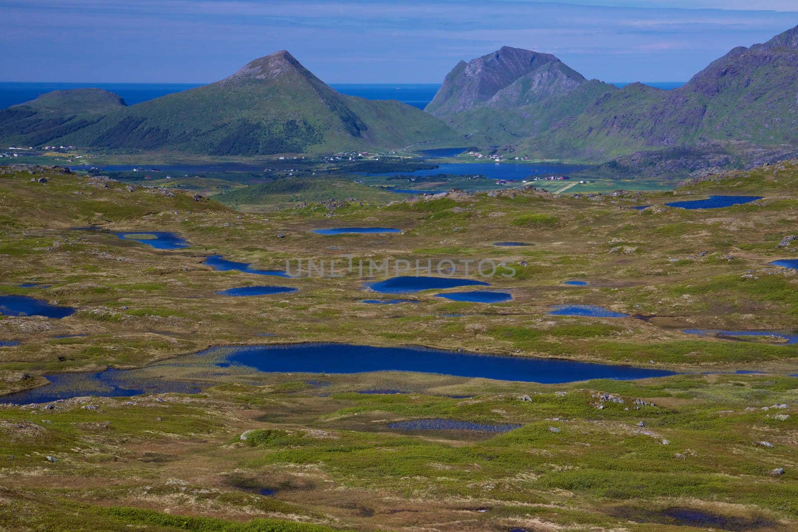 Scenic panorama of lakes and mountains on Lofoten islands in Norway on sunny summer day