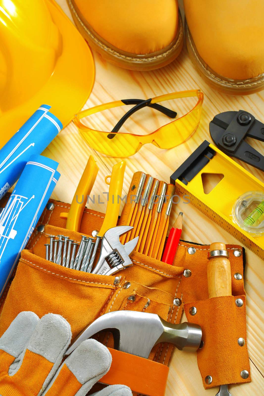 composition of carpentry tools on wooden boards