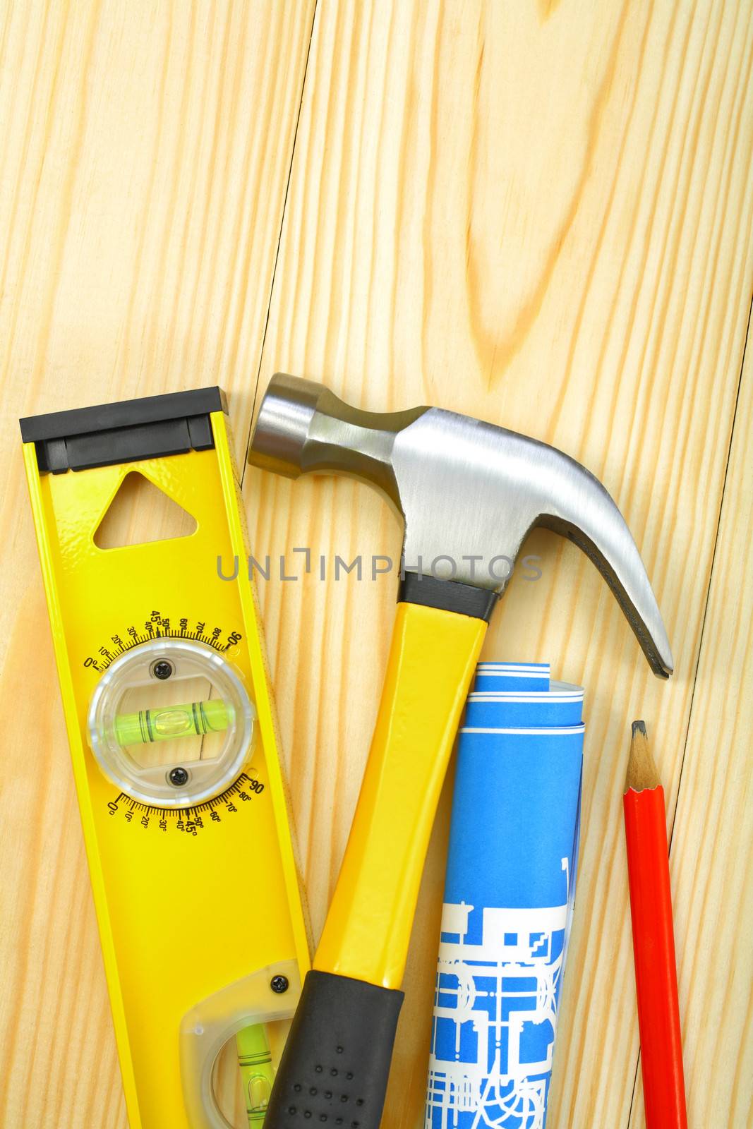 composition of hammer blueprint pencil and  level