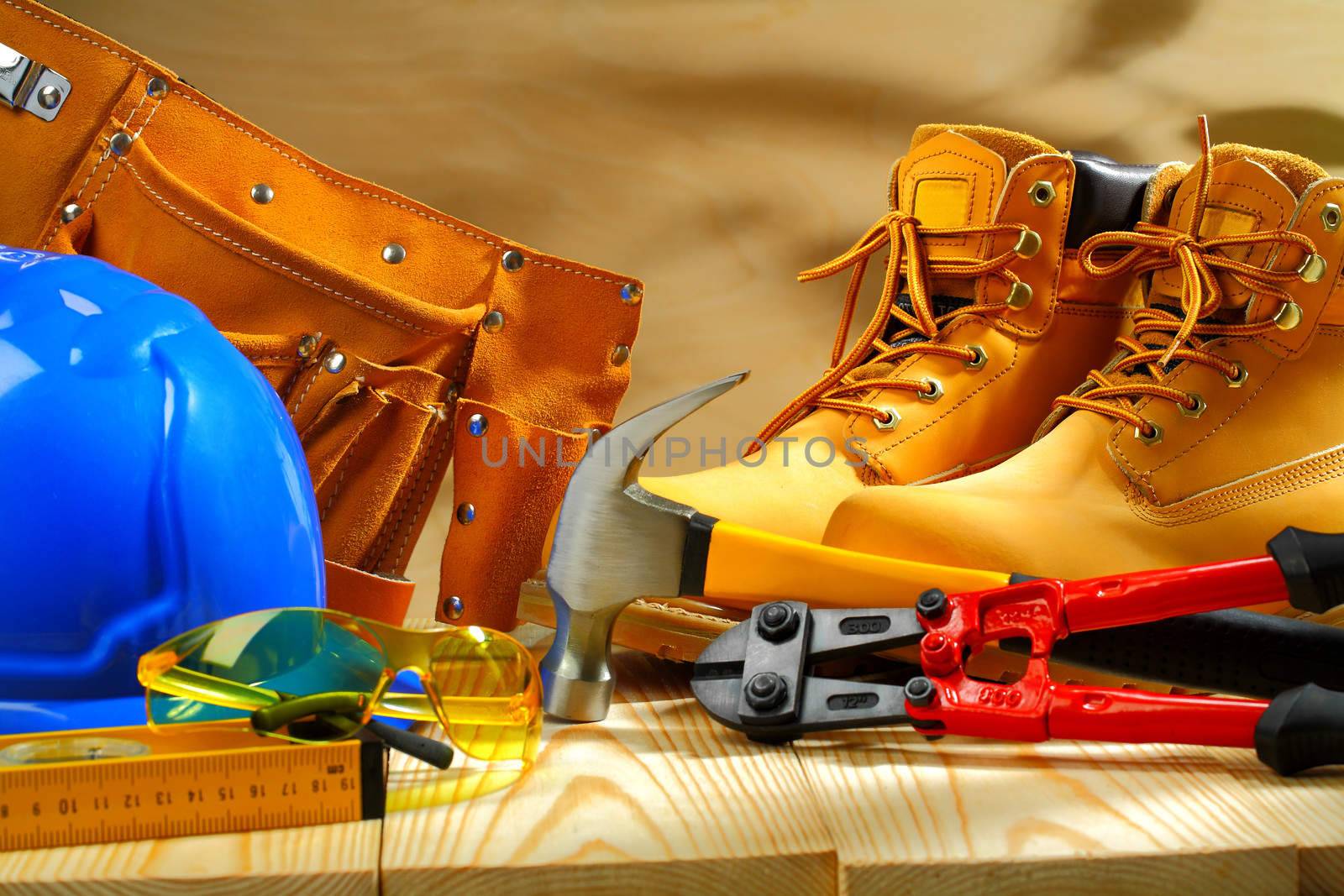 composition of working tools on  wooden boards
