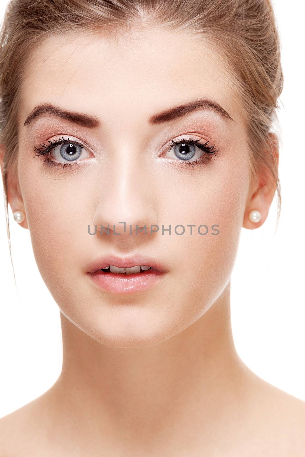 natural beautiful woman face closeup portrait isolated on white