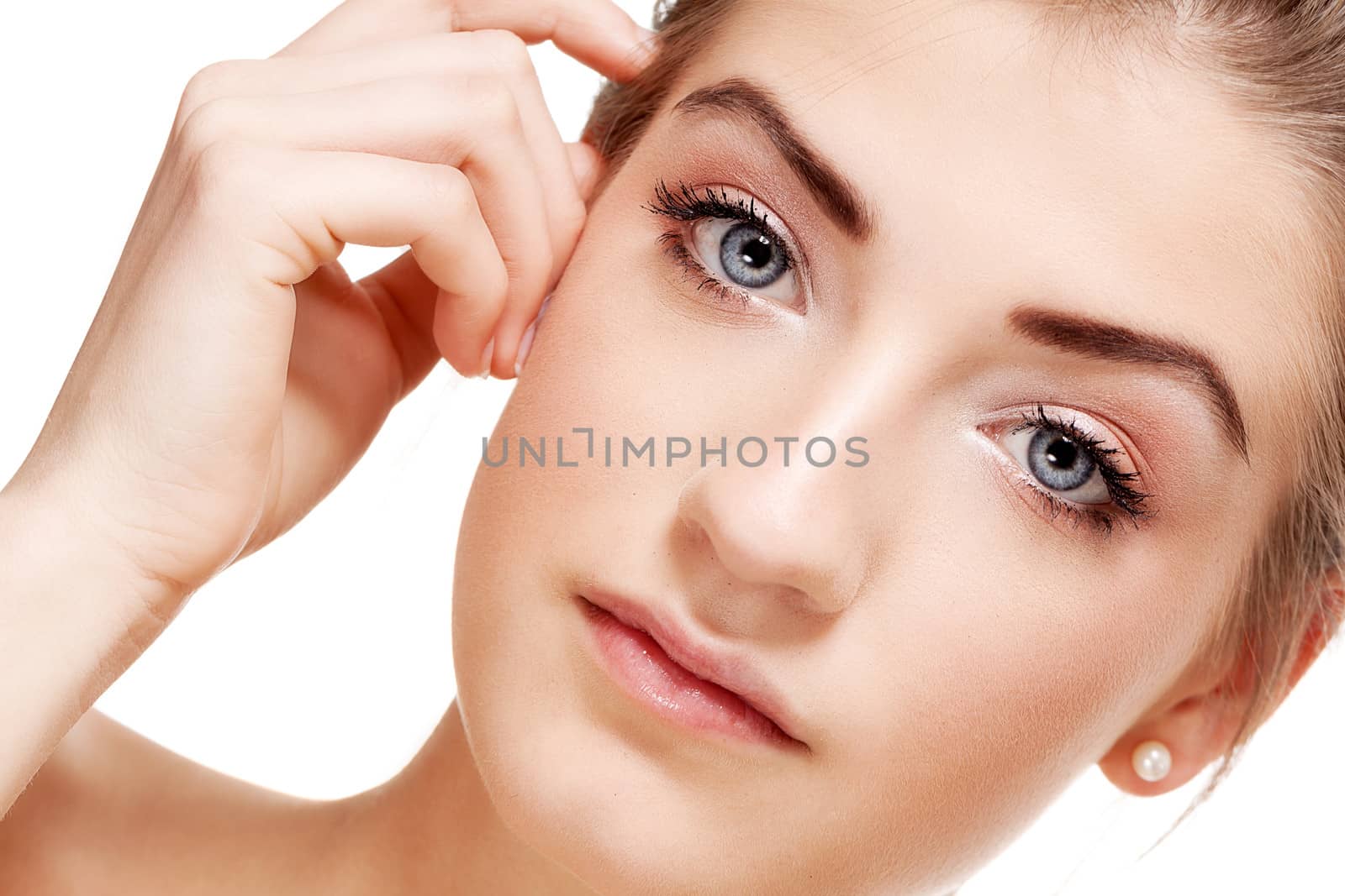 natural beautiful woman face closeup portrait isolated on white