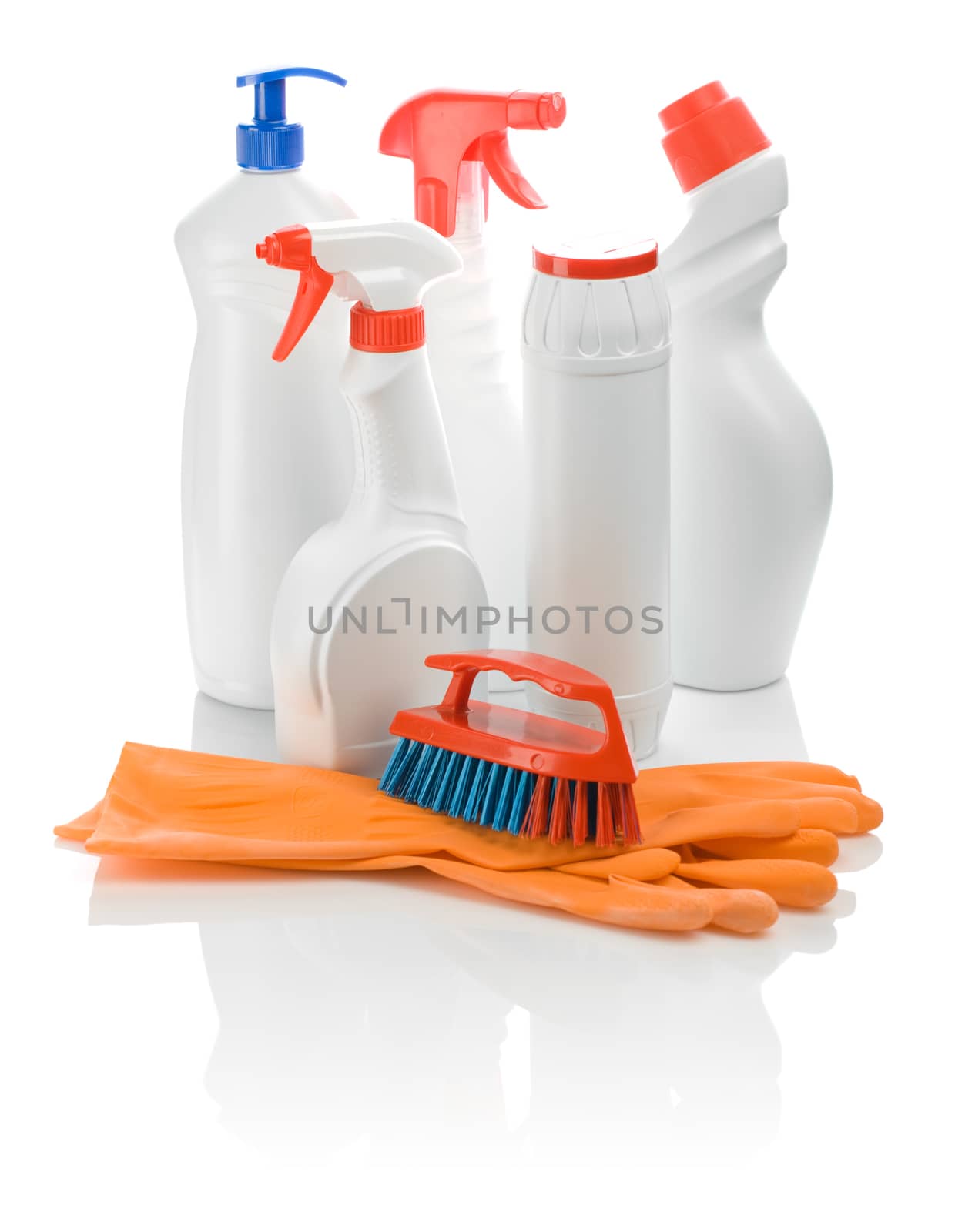 bottles gloves and brush