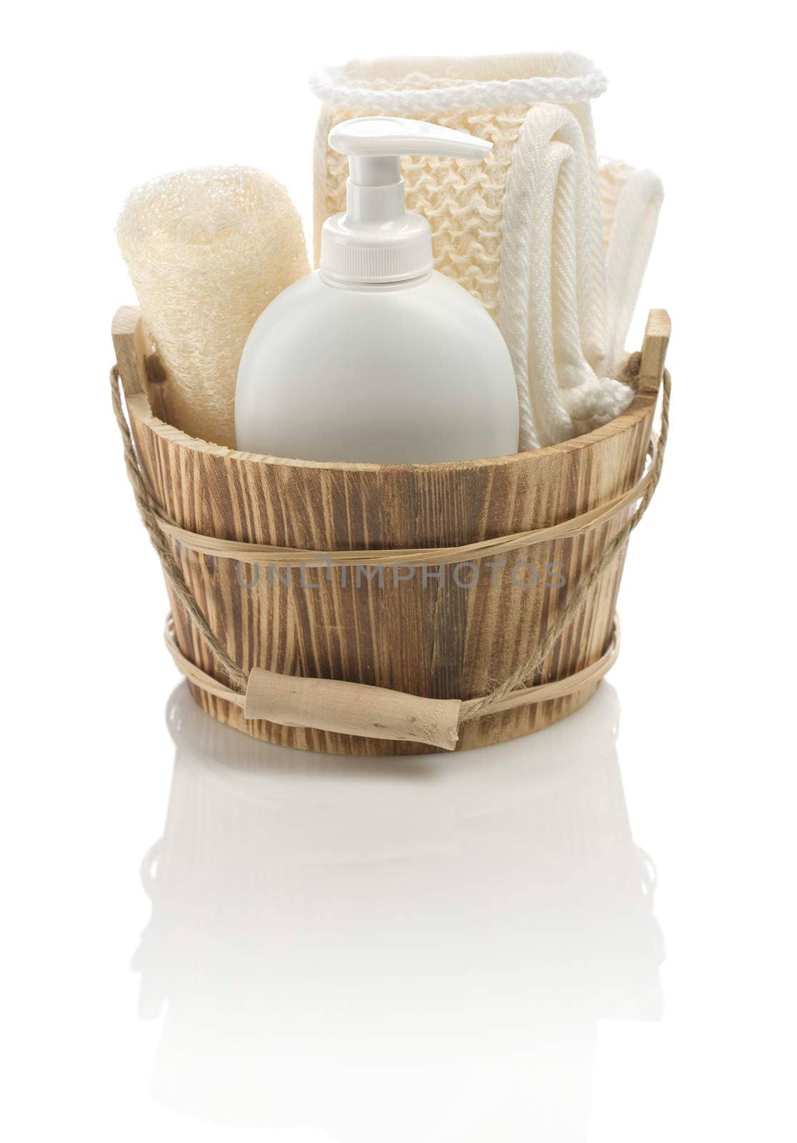 bucket with bathing accessories