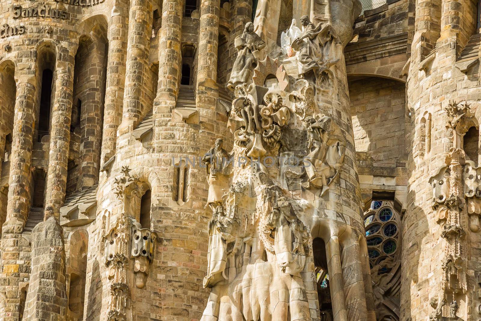 Architecture detail of the Sagrada Familia cathedral, designed by Antoni Gaudi, in Barcelona, Spain