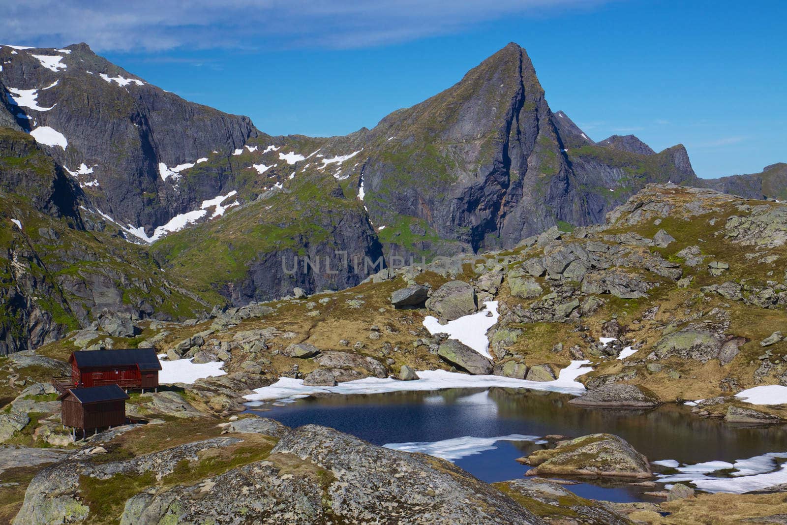 Scenic norwegian panorama with mountain cabin by lake on Lofoten islands
