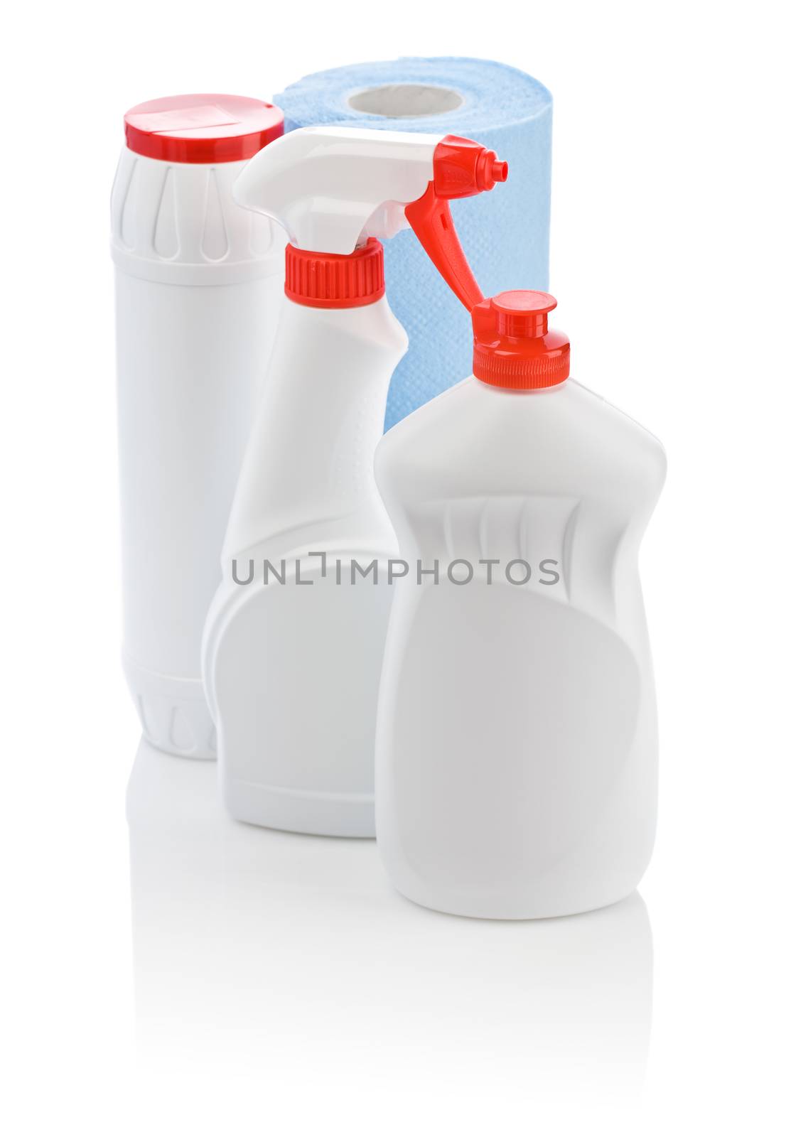 isolated cleaners and blue towel