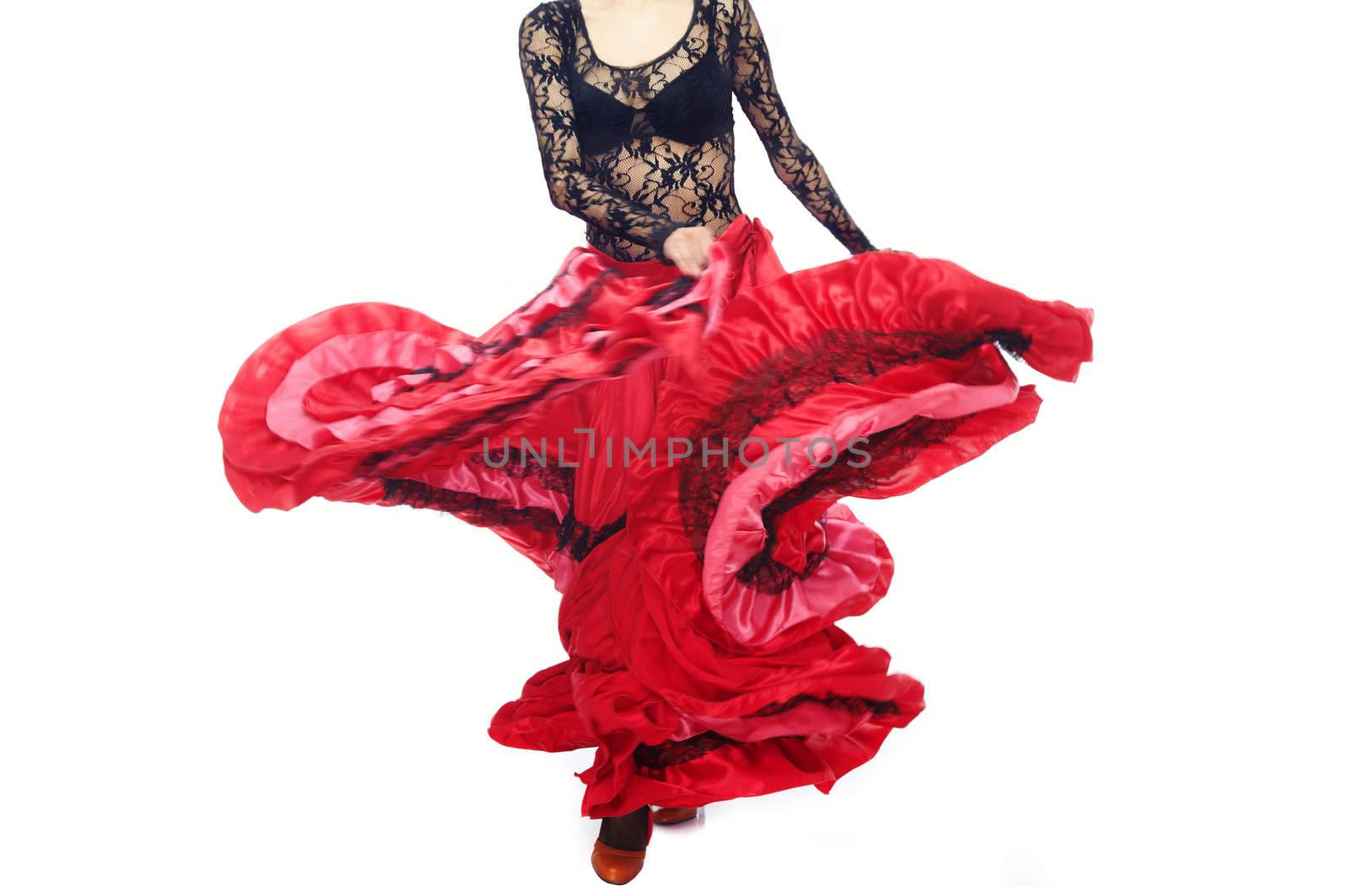 Body part of the dancer dancing flamenco in traditional costume