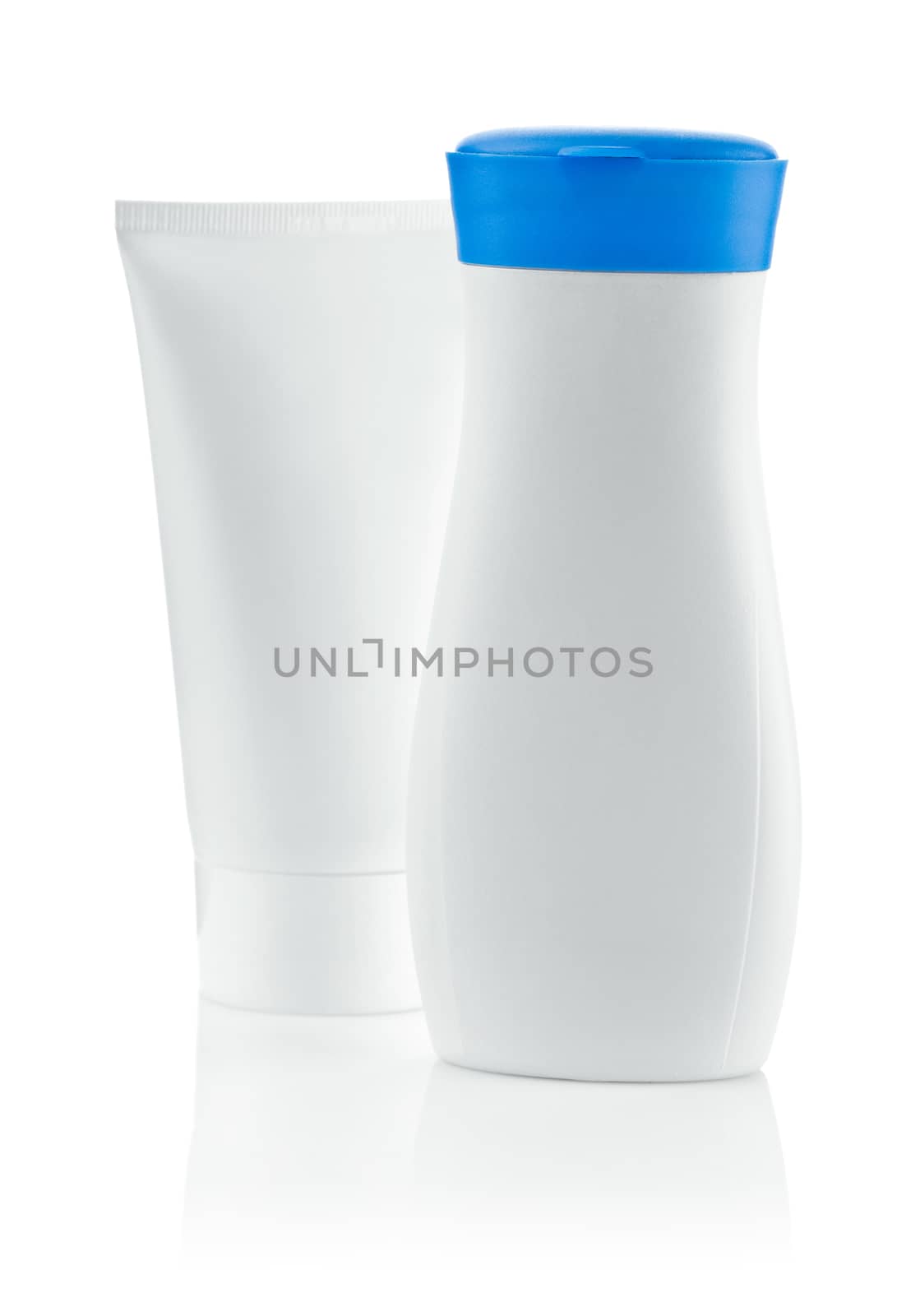 isolated bottle with blue lid and white tube
