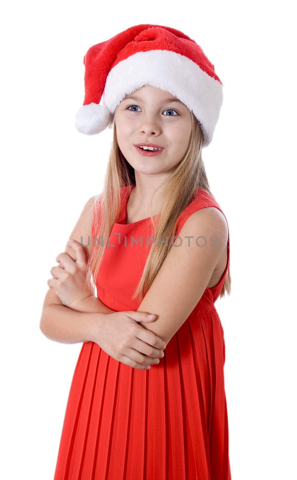 little girl in red santa hat on white background. portrait