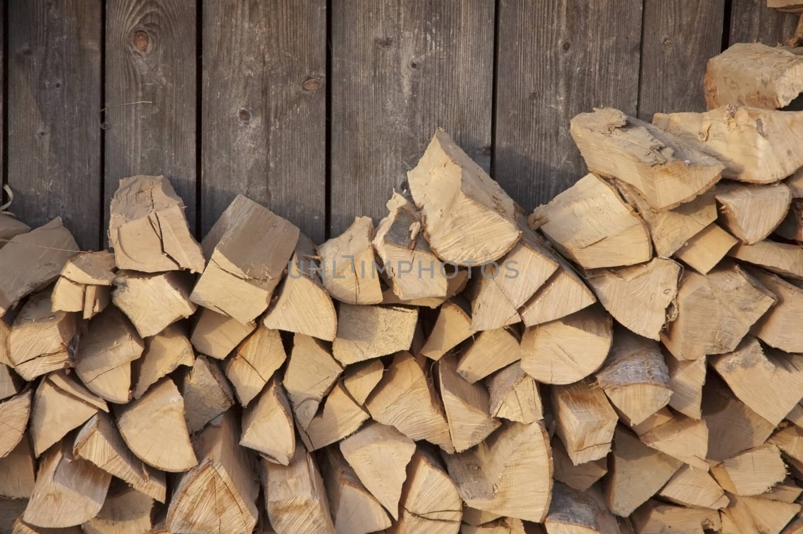 Pile of firewood against old wooden fence.