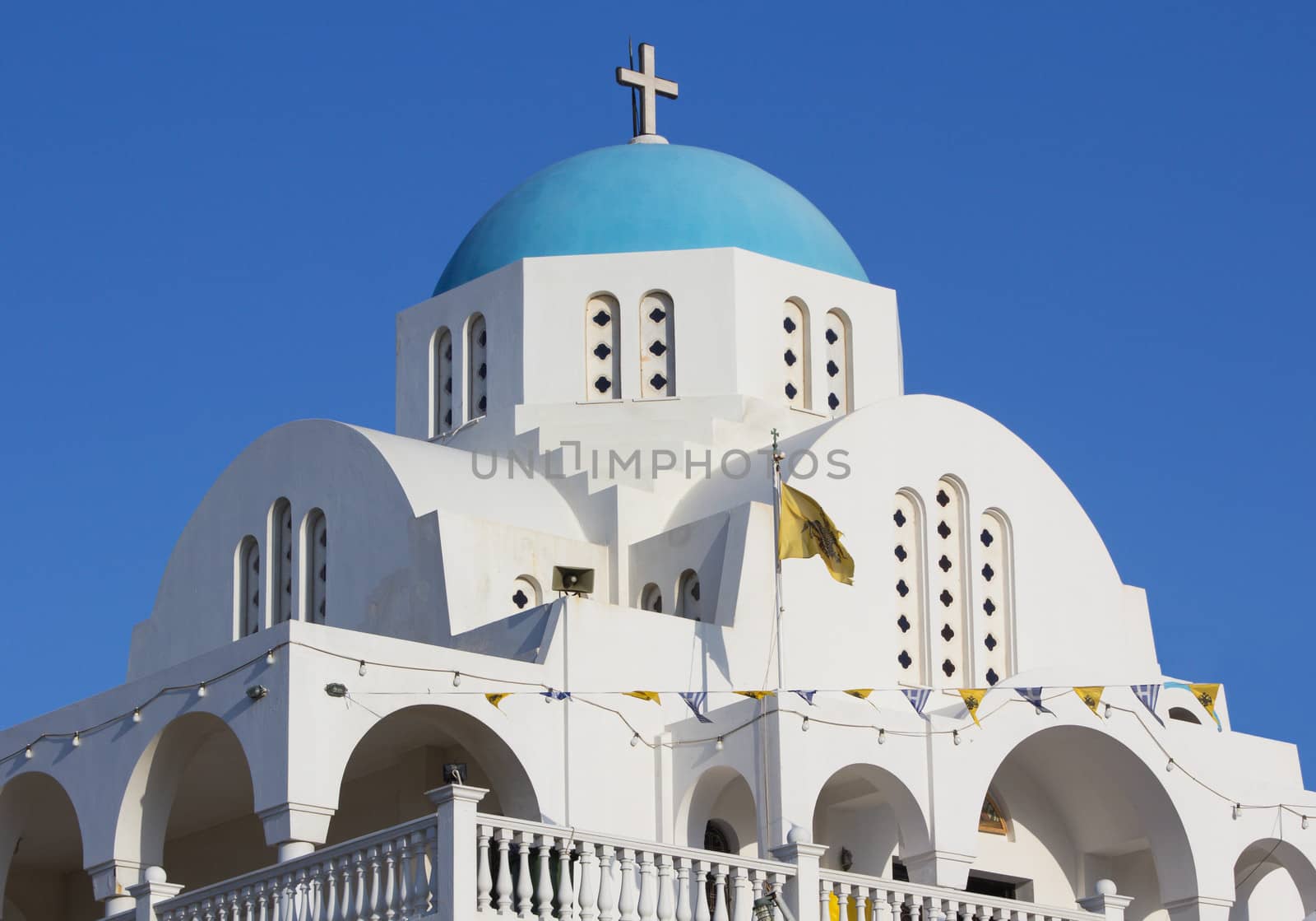 White and blue orthodox church, Profitis Ilias, in Keratea, Greece.