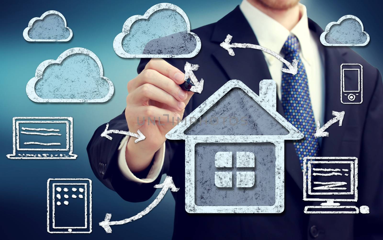 Cloud Computing at Home Concept over Blue Background